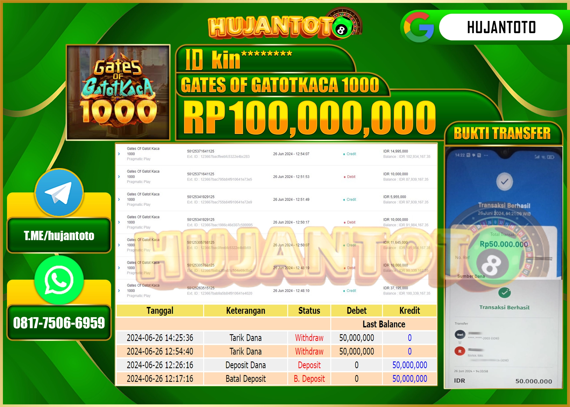 HUJANTOTO MENANG SLOT GATES OF GATOTKACA 1000 WD 100.000.000 - LUNAS 