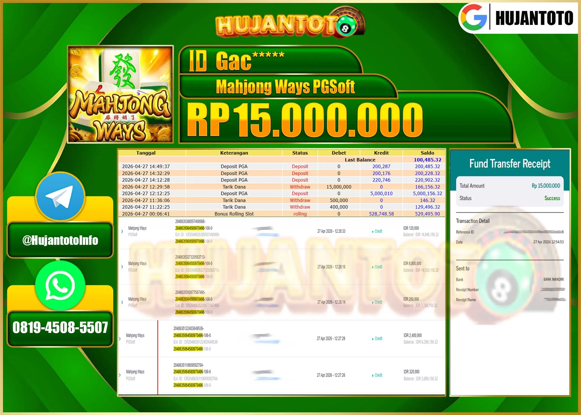 HUJANTOTO - BUKTI JACKPOT MENANG SLOT MAHJONG WAYS  Rp.15,000,000 - TERBAYAR LUNAS