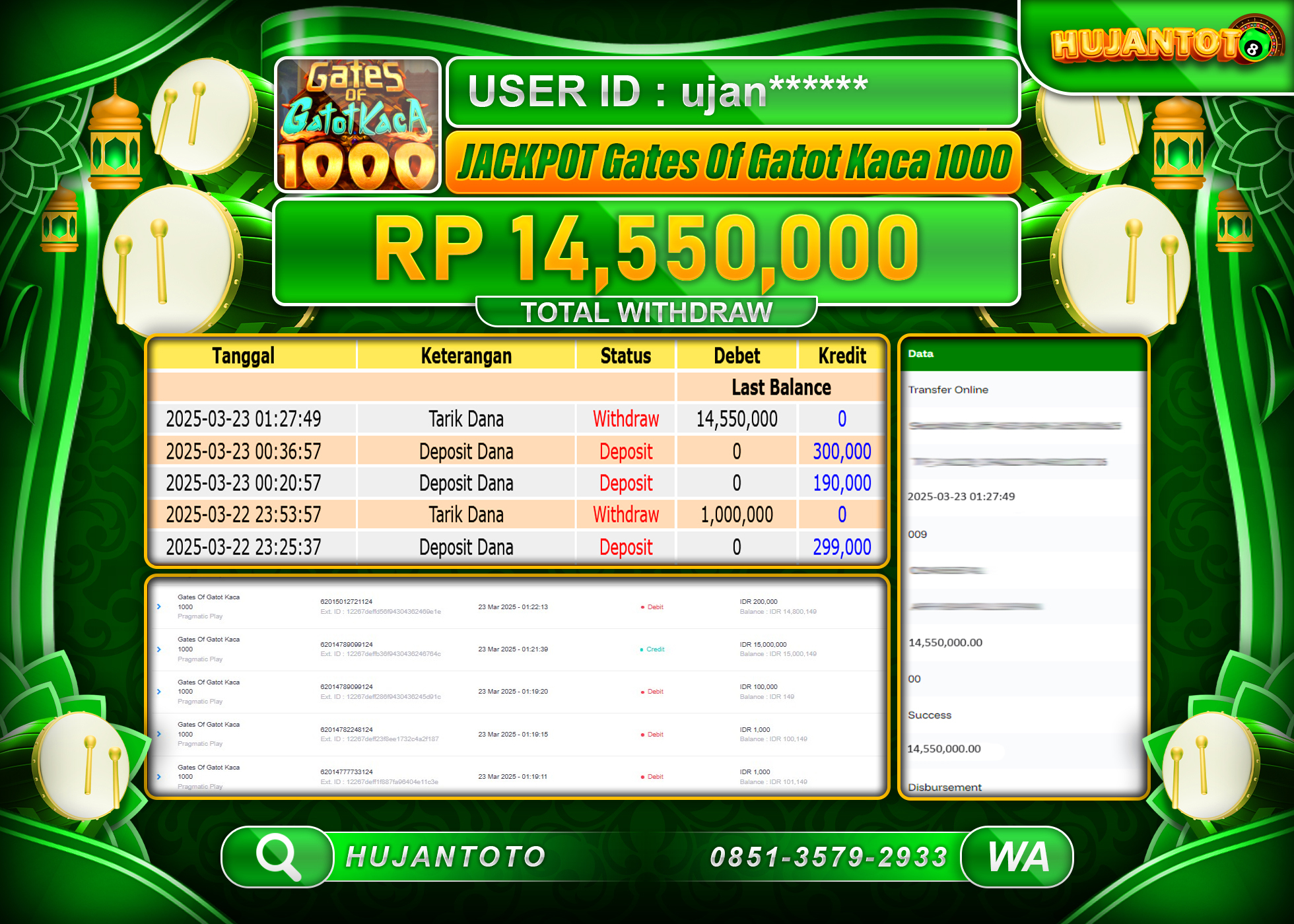 HUJANTOTO - BUKTI JACKPOT MENANG GATES OF GATOT KACA 1000 Rp,14,550,000- TERBAYAR LUNAS