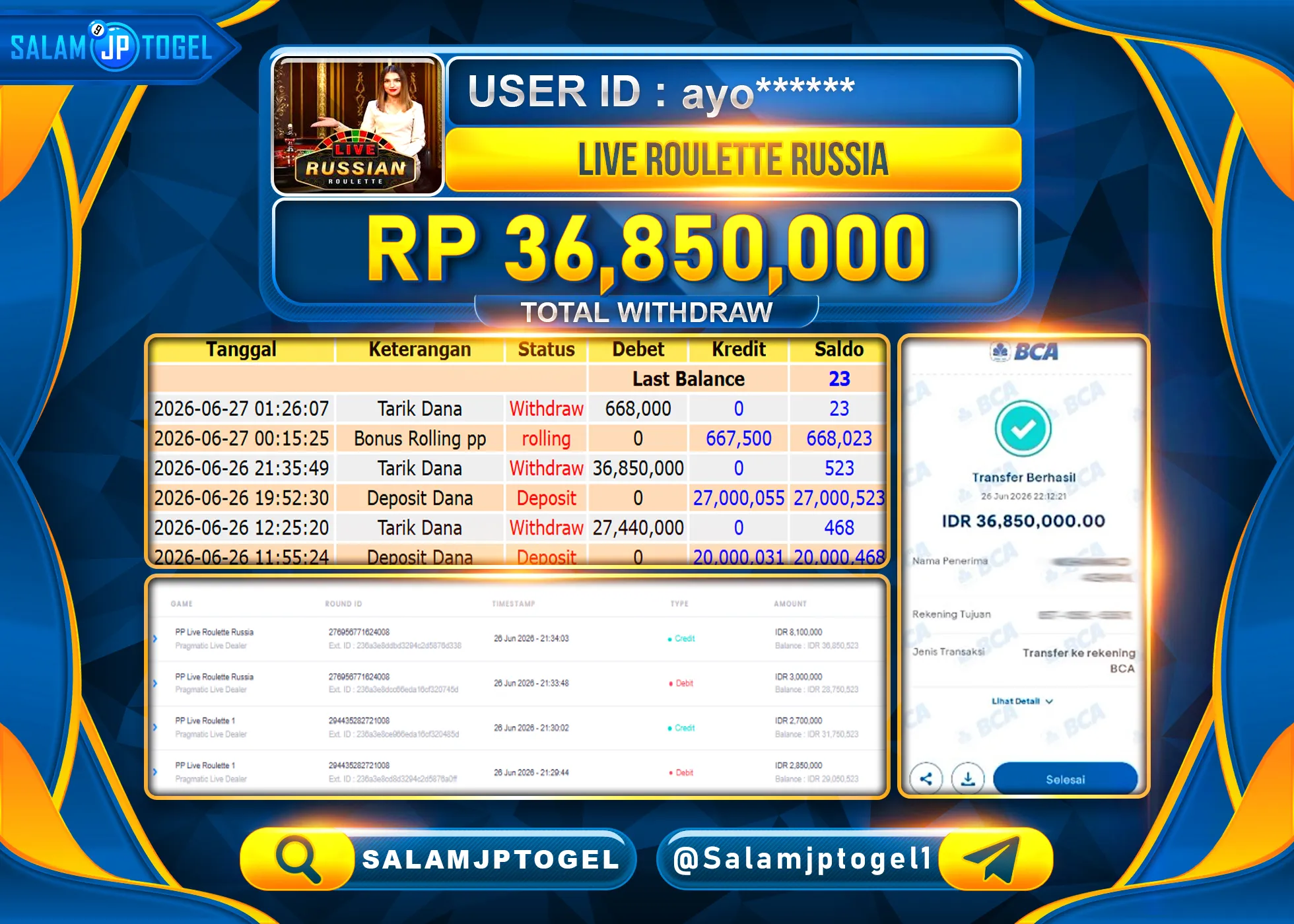 SALAMJPTOGEL MENANG GACOR LIVE GAME ROULETTE RUSIA Rp.36,850,000- LUNAS
