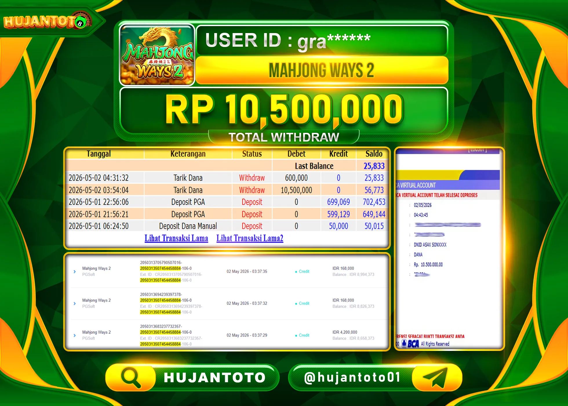 HUJANTOTO - BUKTI JACKPOT MENANG SLOT MAHJONG WAYS 2 Rp.10,500,000 - TERBAYAR LUNAS
