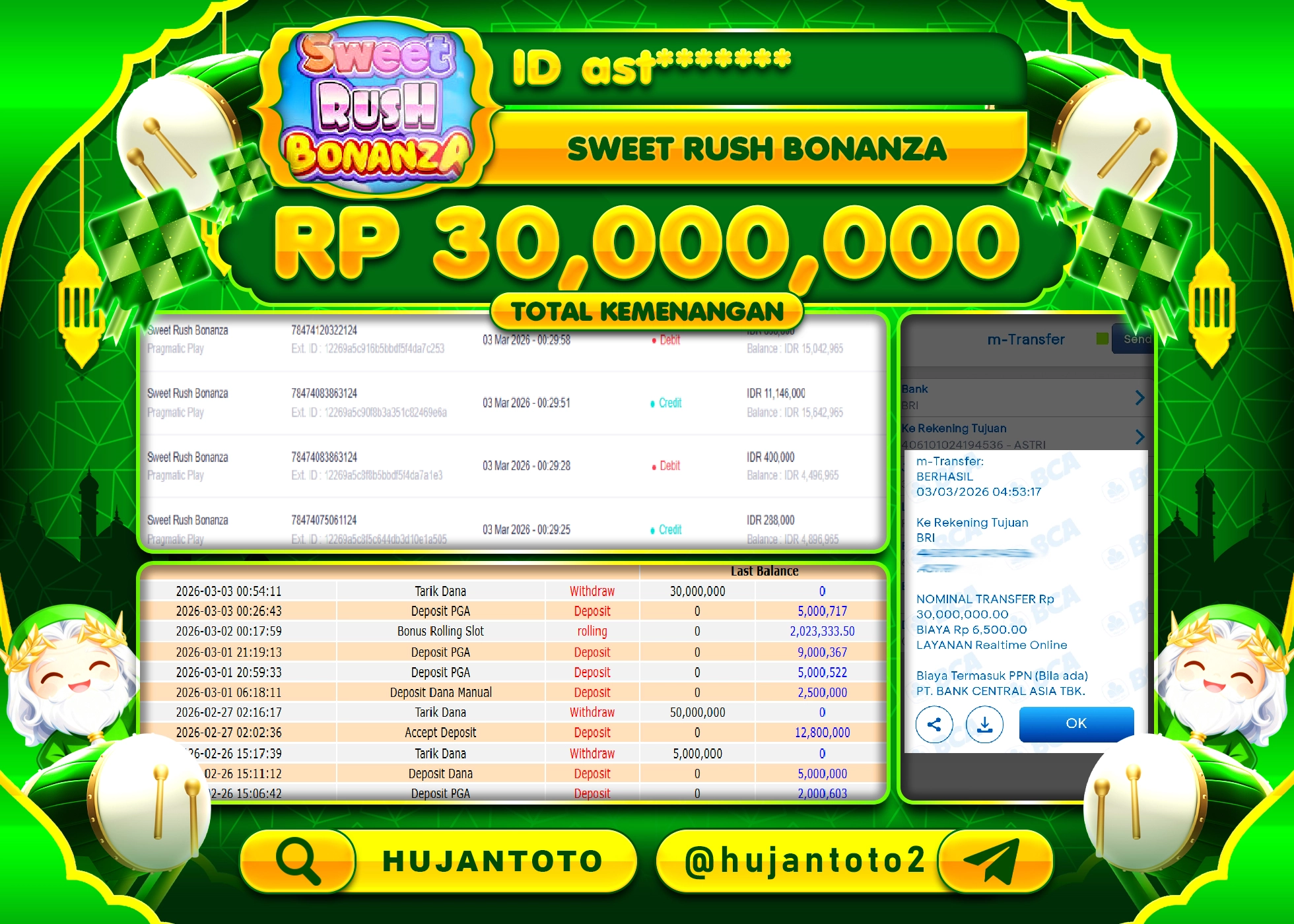 HUJANTOTO - BUKTI JACKPOT MENANG SLOT SWEET RUSH BONANZA  Rp.30,000,000 - TERBAYAR LUNAS
