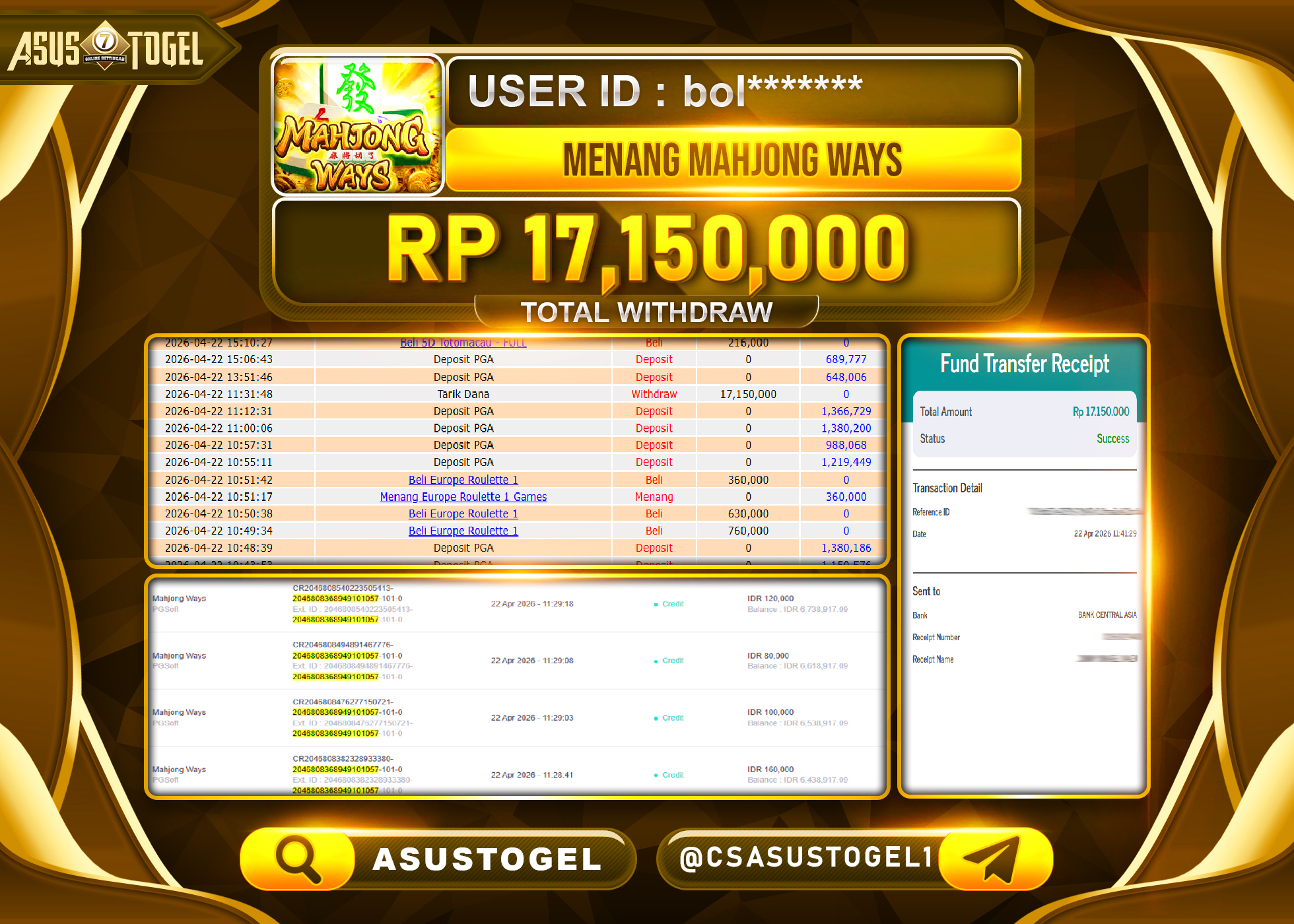 ASUSTOGEL KEMENANGAN JACKPOT DI PERMAINAN MAHJONG WAYS PG SOFT SEBESAR Rp.17,150,000 - RUPIAH LUNAS