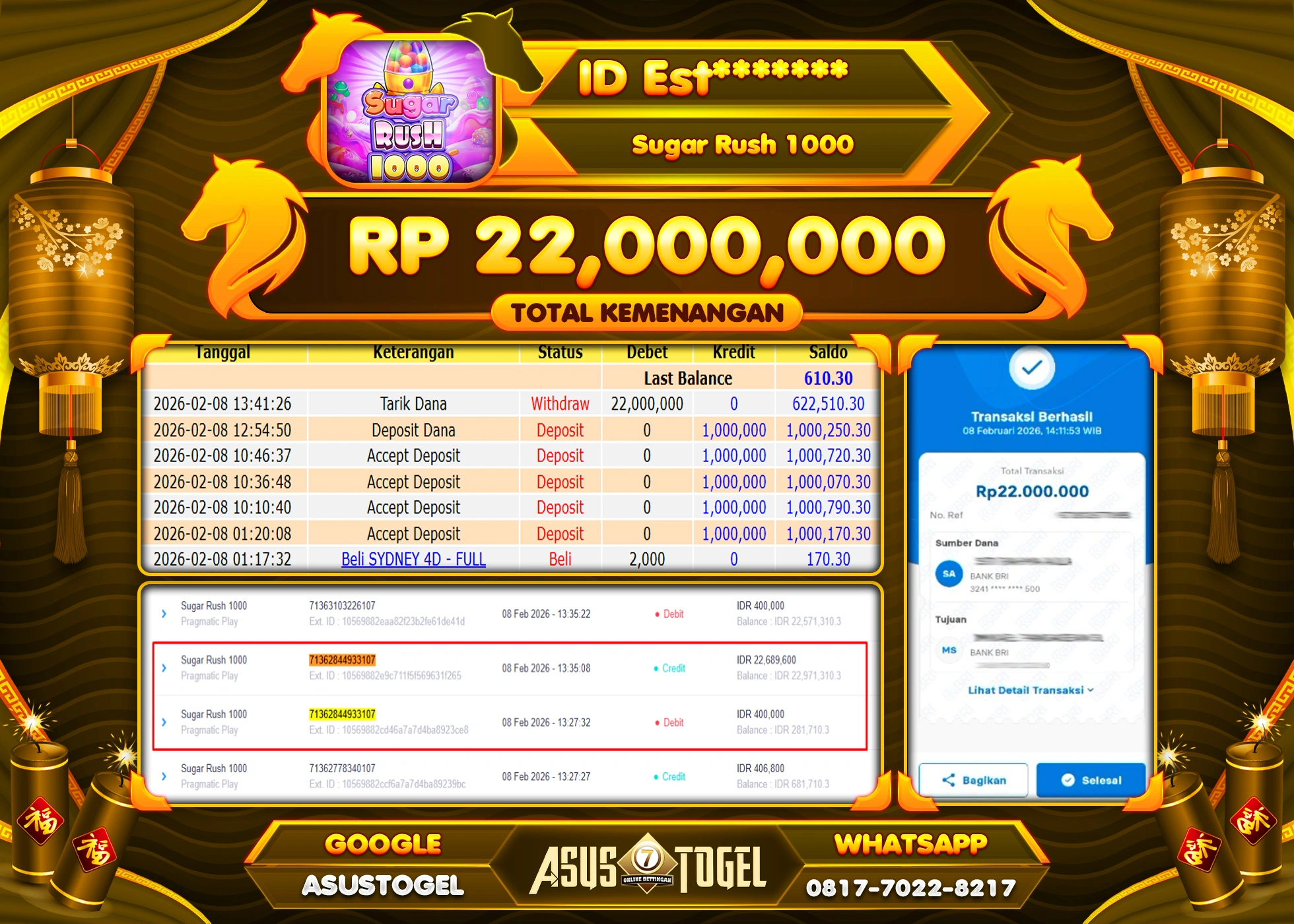 ASUSTOGEL KEMENANGAN DI SUGAR RUSH 1000 SEBESAR 22,000,000 - RUPIAH LUNAS