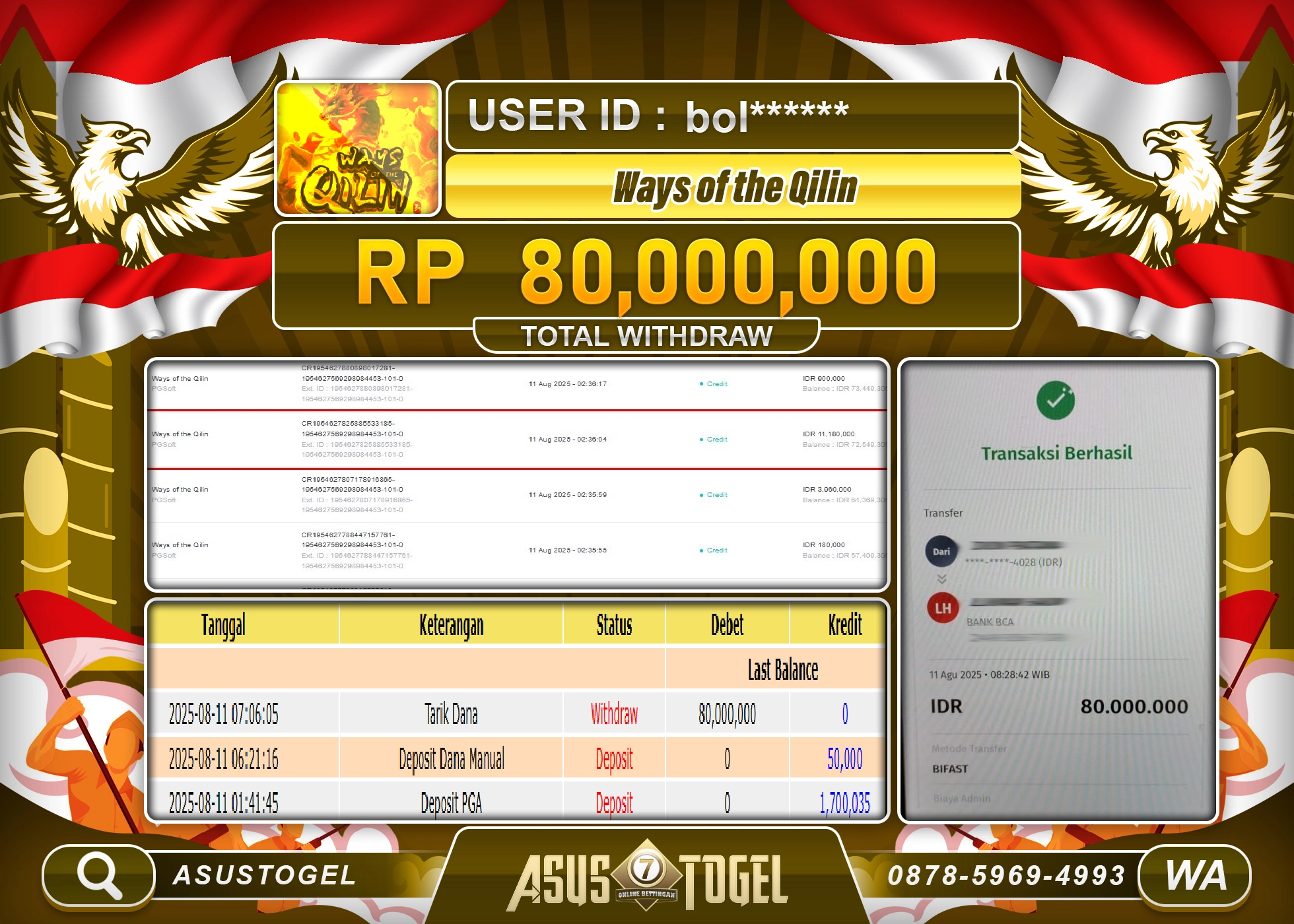 ASUSTOGEL KEMENANGAN DI SLOT WAYS OF THE QILIN SEBESAR 80,000,000- RUPIAH LUNAS