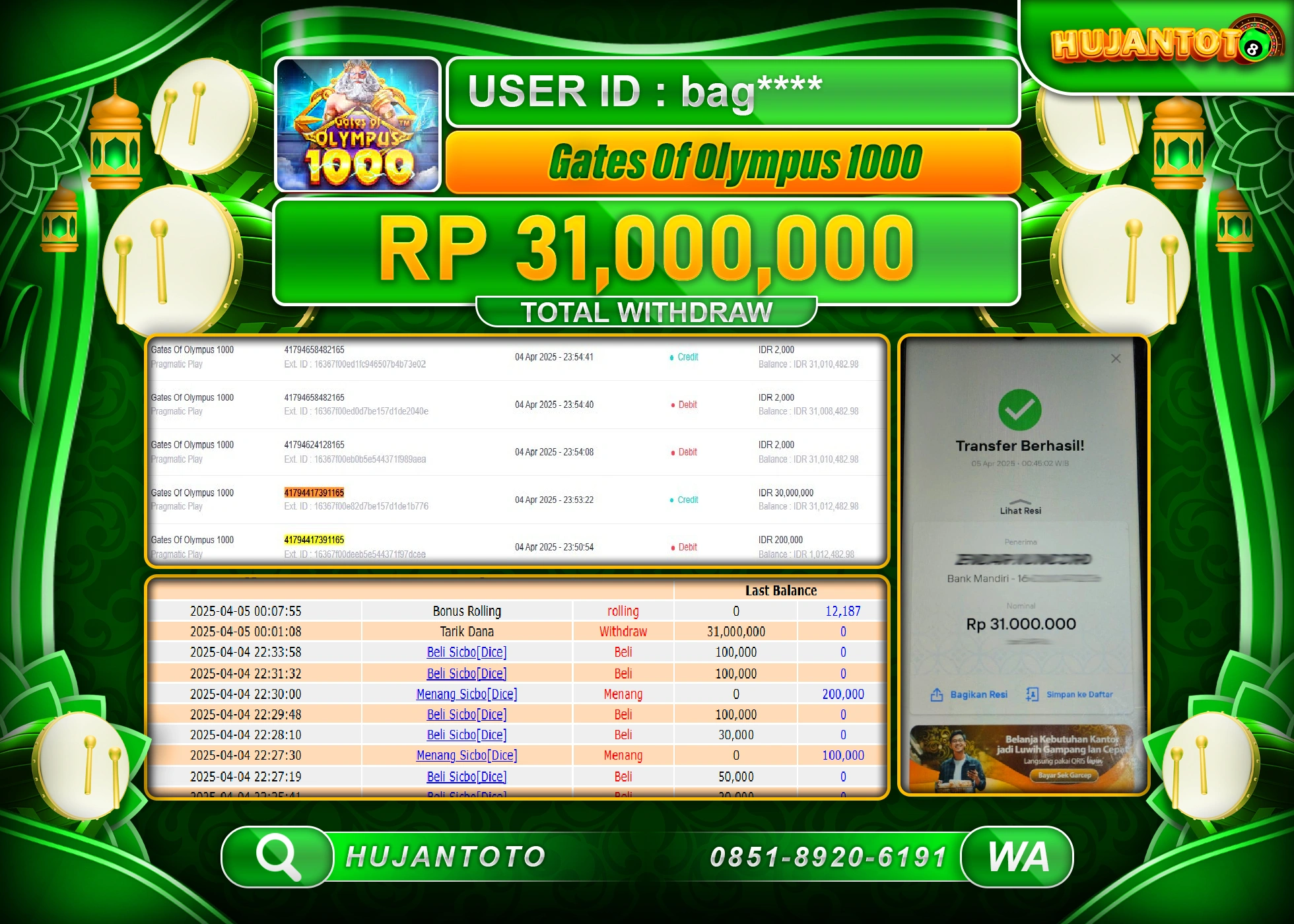 HUJANTOTO - BUKTI JACKPOT MENANG SLOT GATES OF OLYMPUS 1000 Rp,31,000,000 - TERBAYAR LUNAS