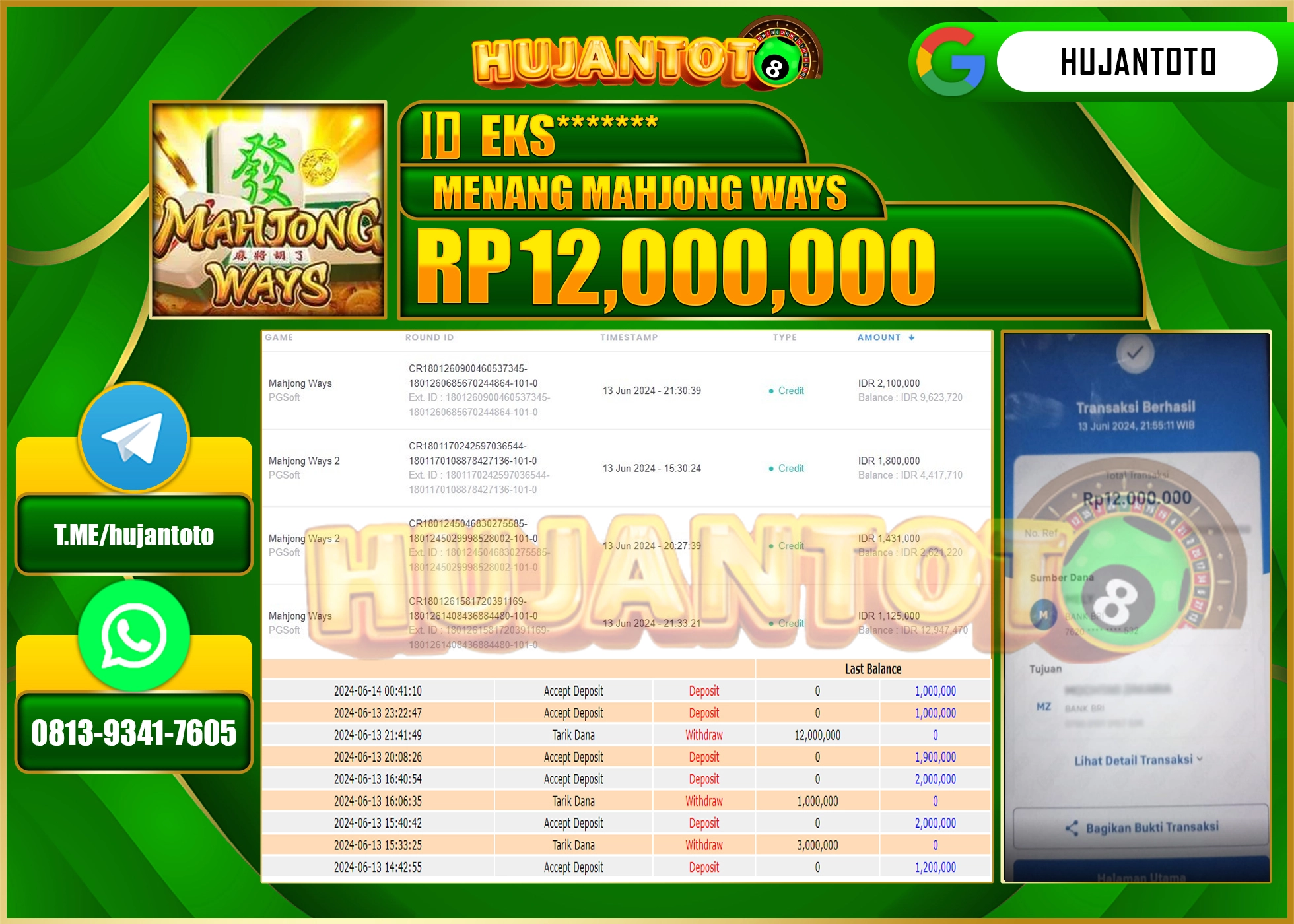HUJANTOTO MENANG DI MAHJONG WAYS 12.000.000 - LUNAS 