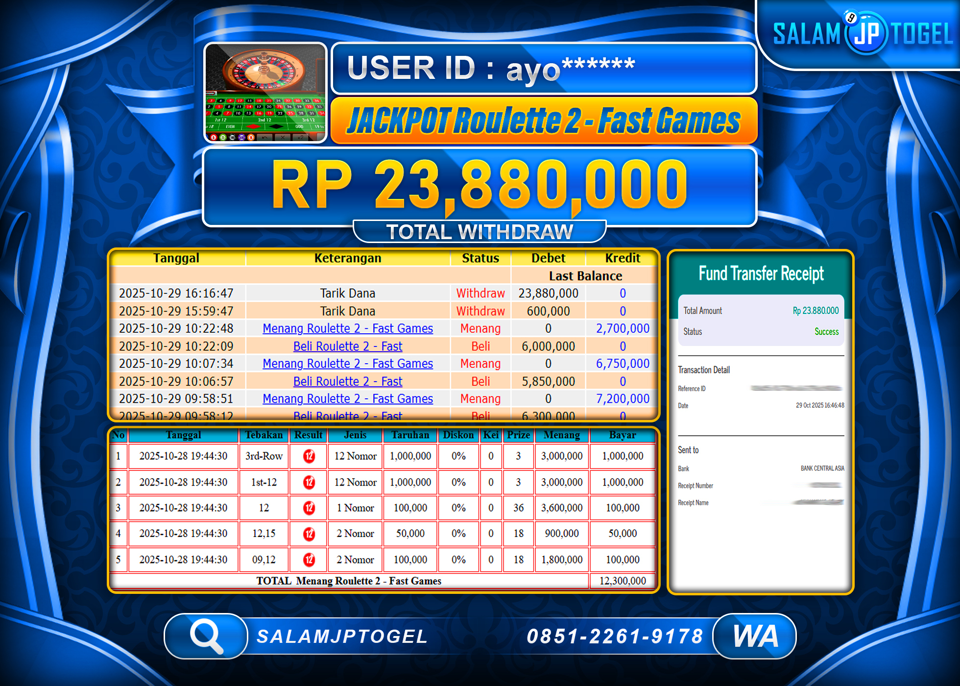 SALAMJPTOGEL MENANG JACKPOT ROULETTE 2 Rp.23,880,000  - LUNAS