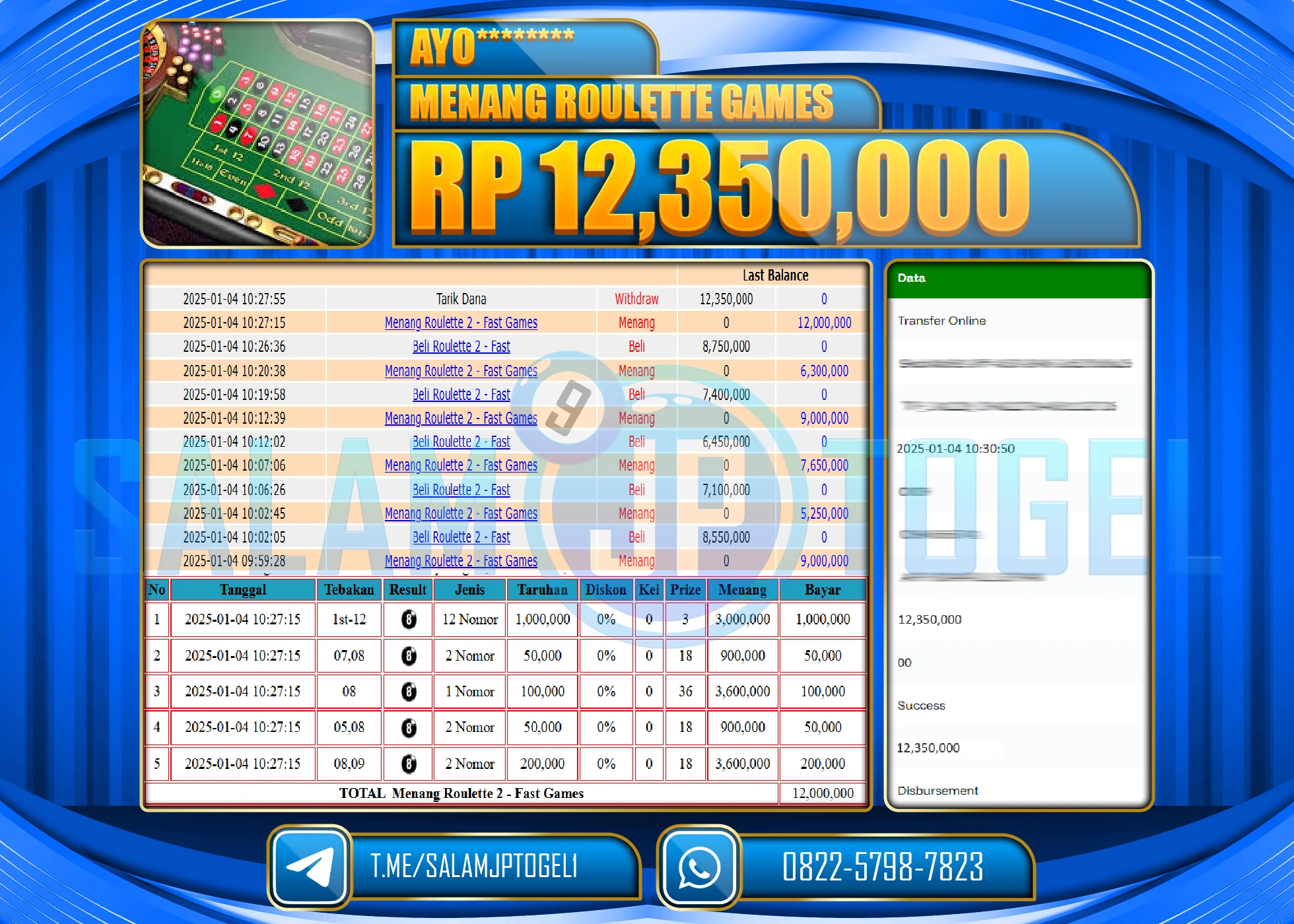 SALAMJPTOGEL MENANG LIVE ROULETTE 2 GAMES Rp.12,350,000 LUNAS