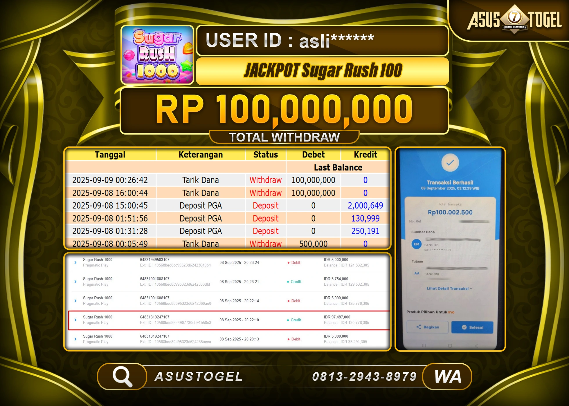 ASUSTOGEL KEMENANGAN DI SLOT SUGAR RUSH 1000 SEBESAR 100,000,000- RUPIAH LUNAS