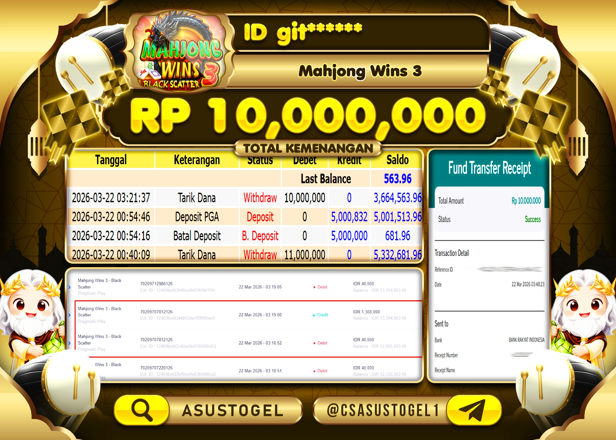 ASUSTOGEL KEMENANGAN JACKPOT DI SLOT MAHJONG WINS 3 -PG SOFT Rp.10,000,000 - RUPIAH LUNAS
