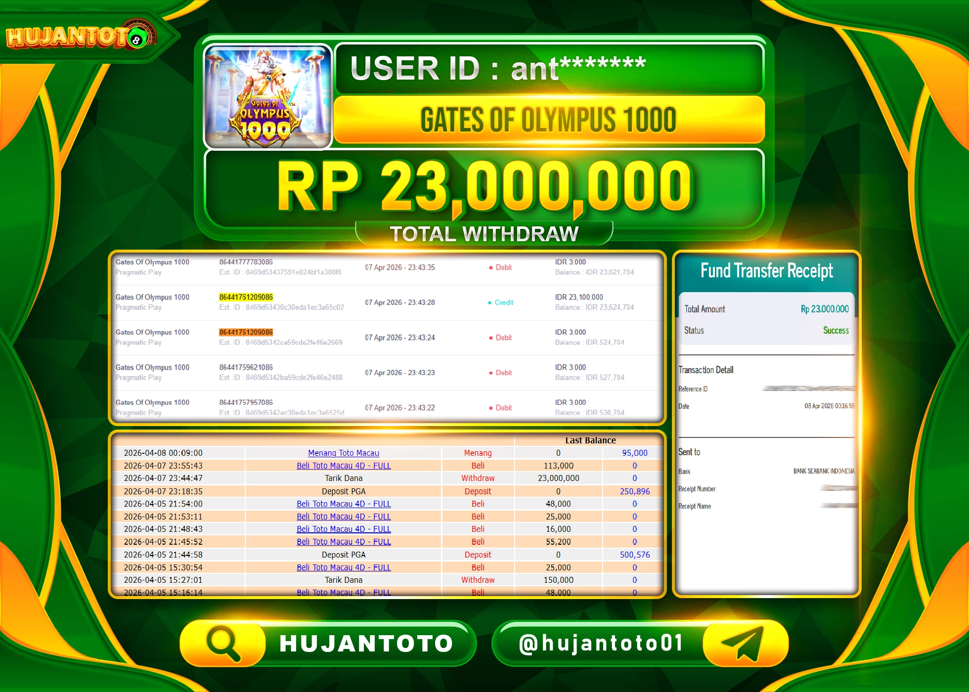 HUJANTOTO - BUKTI JACKPOT MENANG SLOT GATES OF OLYMPUS 1000 Rp.23,000,000 - TERBAYAR LUNAS