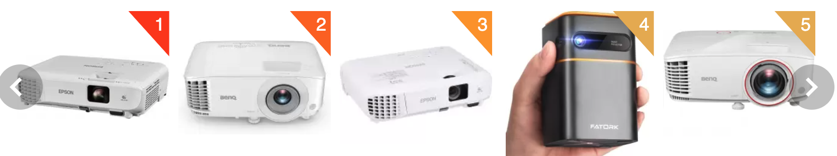 エプソンの3LCDモデルやベンキューのDLPモデル、片手で持てるFATORKの超小型プロジェクターなど、形状やサイズの異なる5種類の製品が番号順に並んだ比較