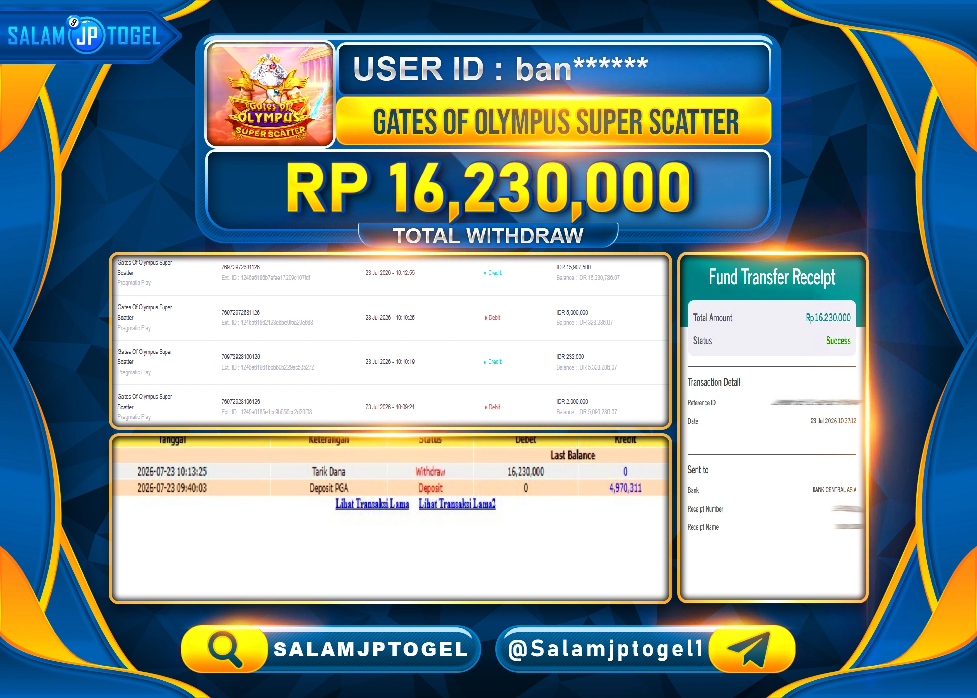 SALAMJPTOGEL JACKPOT MENANG SLOT GATES OF OLYMPUS SUPER SCATER Rp.16,230,000 - LUNAS