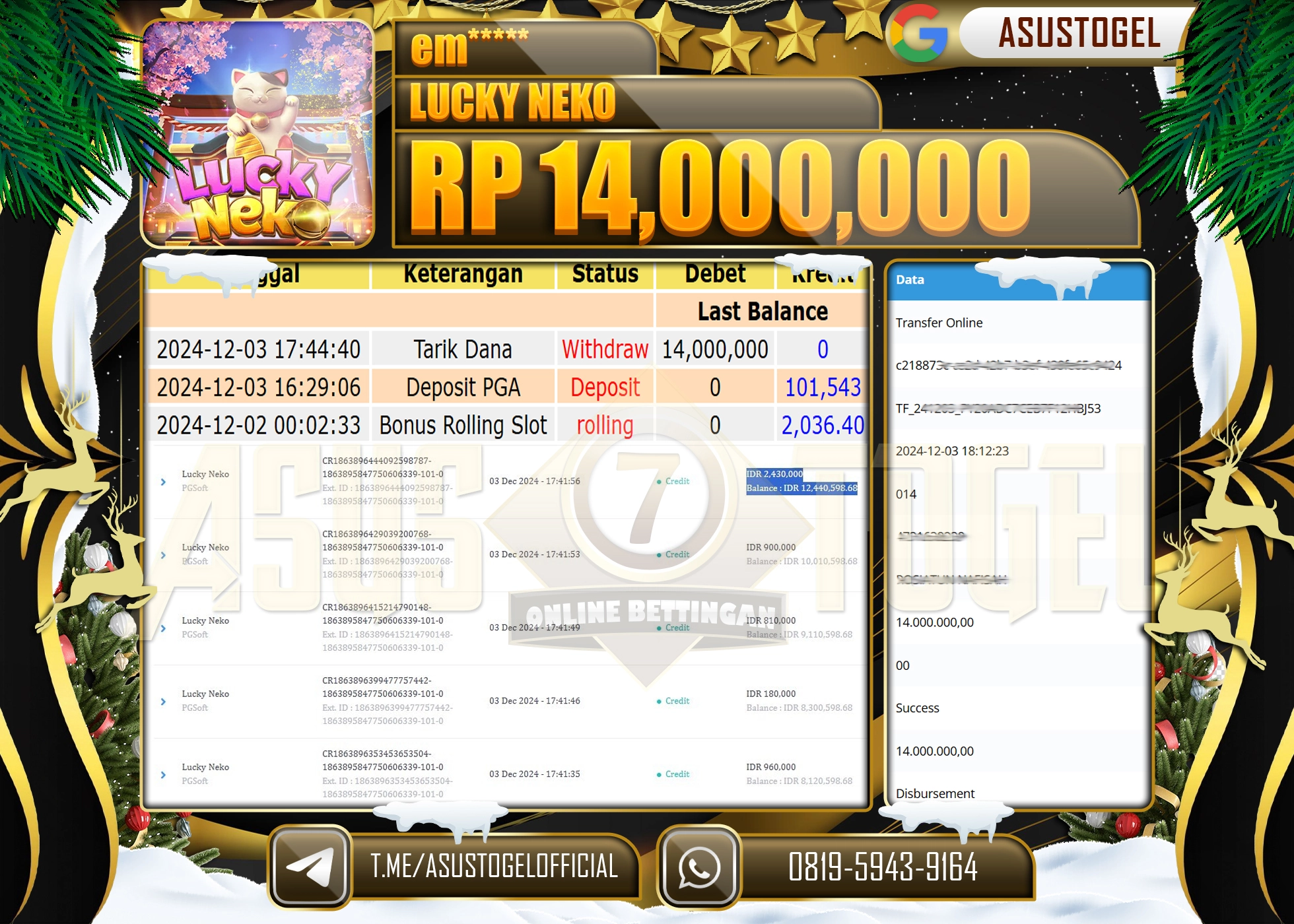 ASUSTOGEL KEMENANGAN DI GAMES SLOT LUCKY NEKO SEBESAR 14,000,000- RUPIAH LUNAS