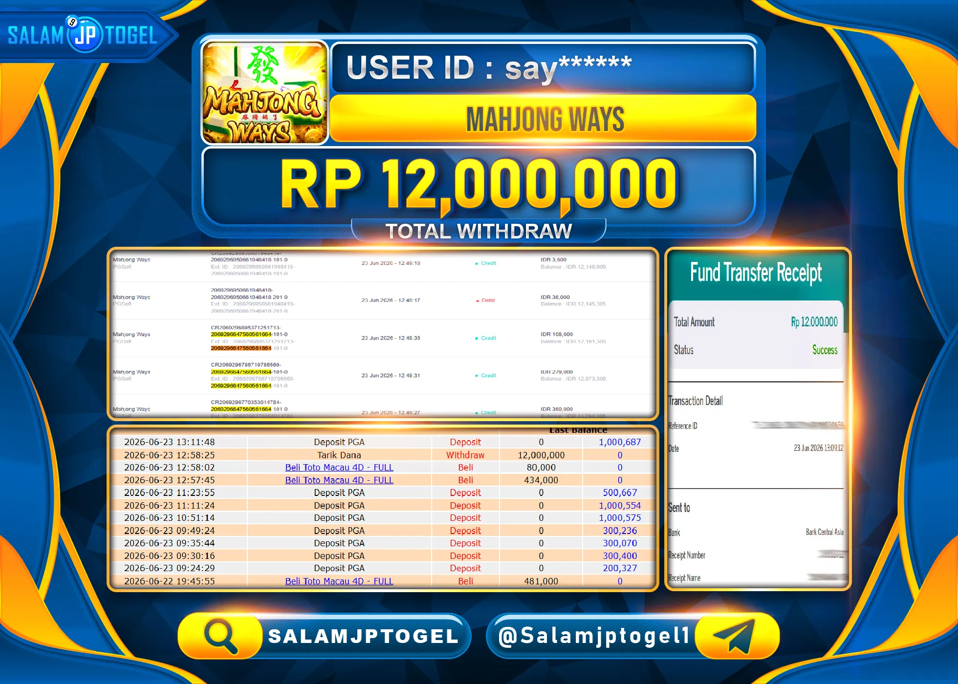 SALAMJPTOGEL Menang SLOT GACOR SLOT MAHJONG WAYS PG SOFT Rp.12,000,000- LUNAS