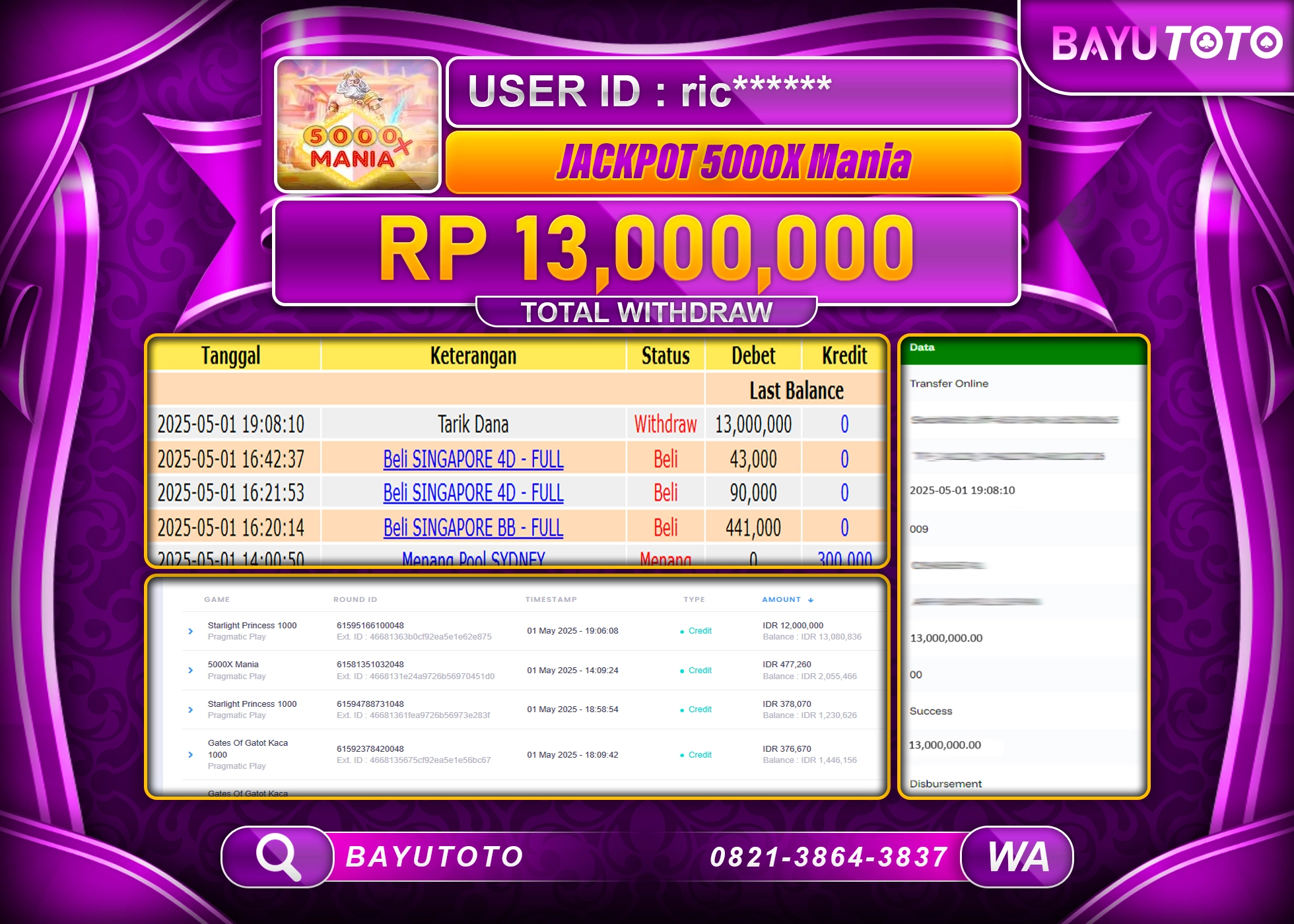 BAYUTOTO JACKPOT SLOT 5000X MANIA Rp.13,000,000 LUNAS