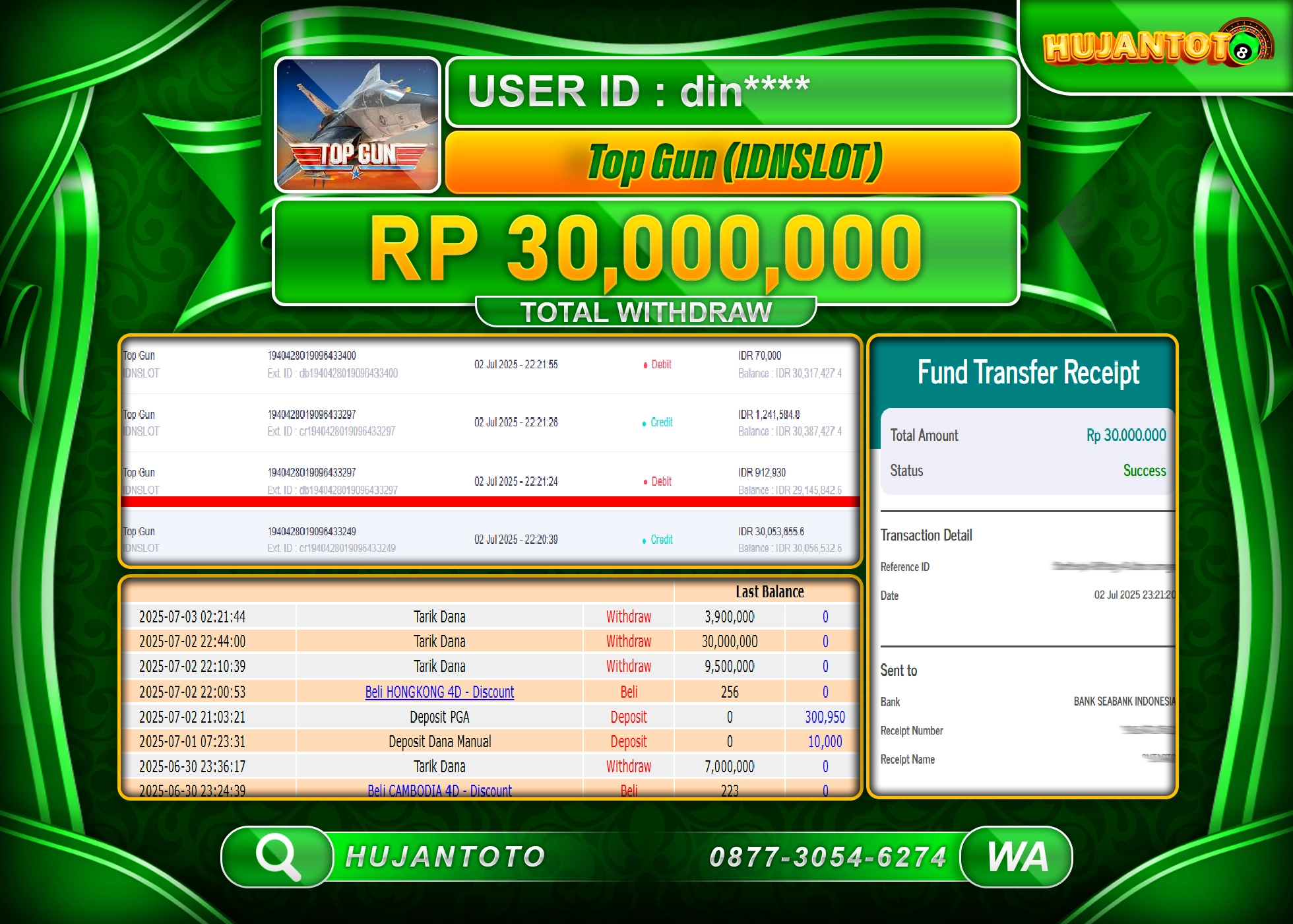HUJANTOTO - BUKTI JACKPOT MENANG SLOT GAME TOP GUN IDN SLOT  Rp.30,000,000 - TERBAYAR LUNAS