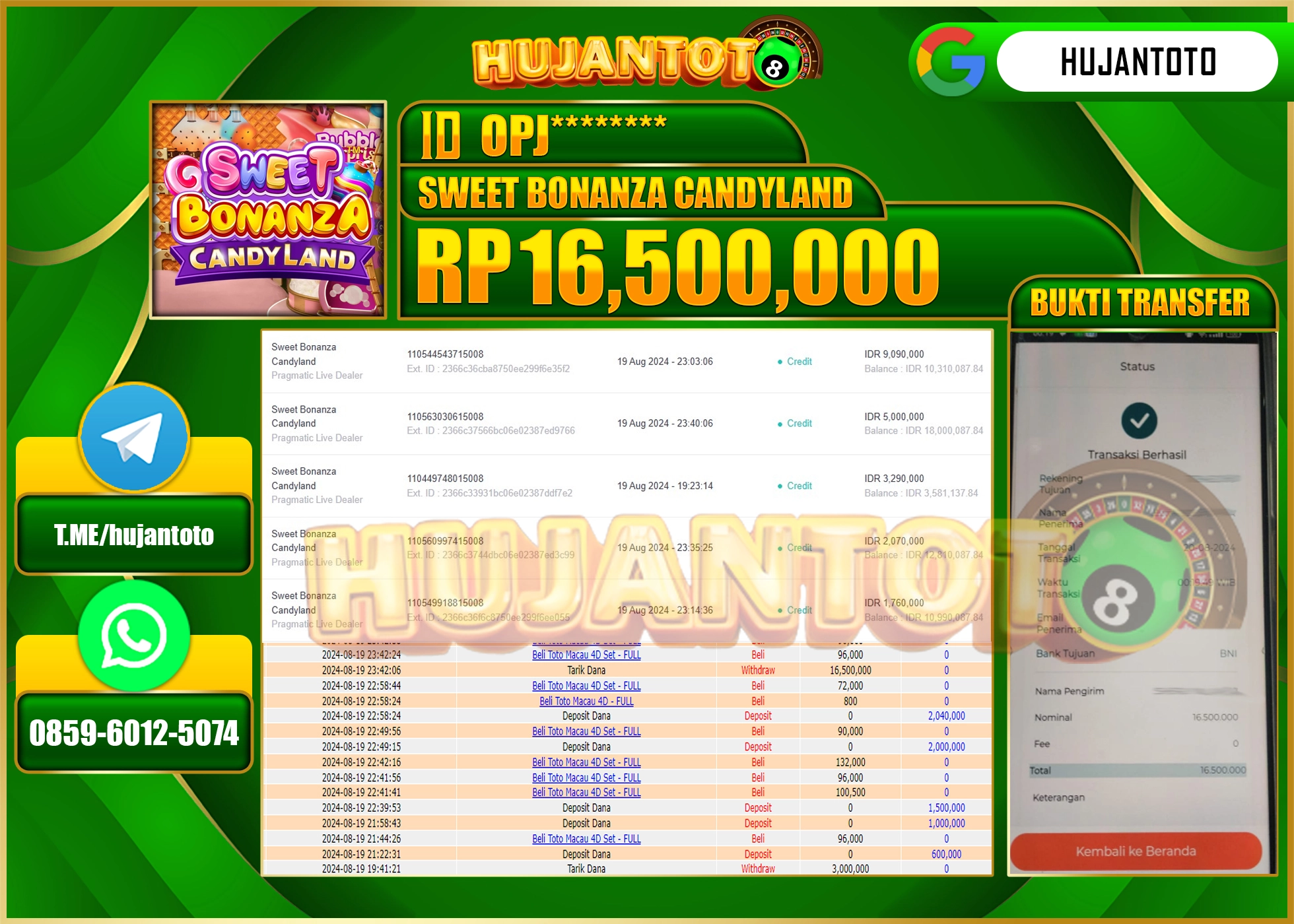HUJANTOTO MENANG DI PERMAINAN SWEET BONANZA CANDYLAND 16.500.000 - LUNAS 