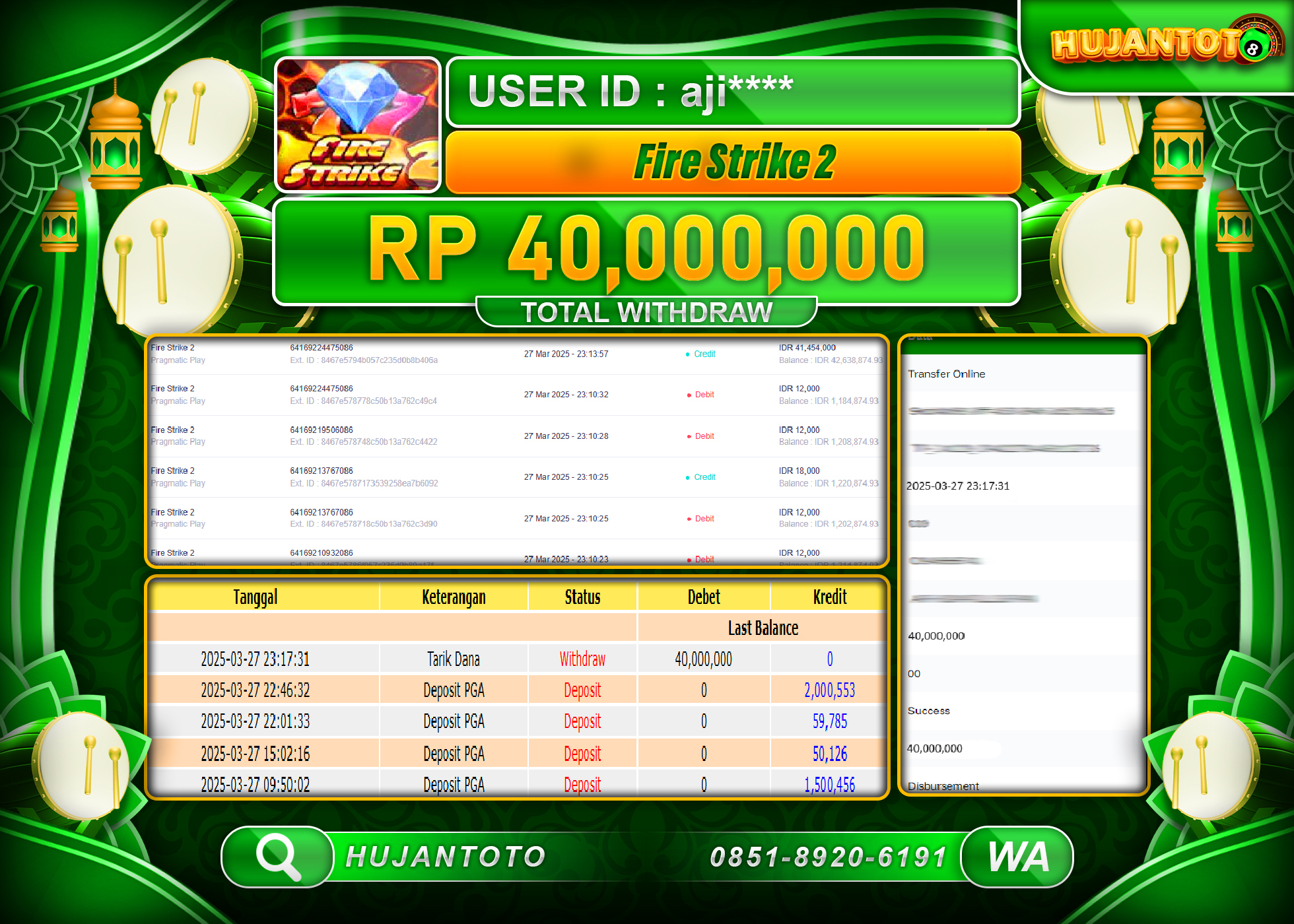 HUJANTOTO - BUKTI JACKPOT MENANG DI GAME SLOT FIRE STRIKE 2 Rp,40,000,000- TERBAYAR LUNAS