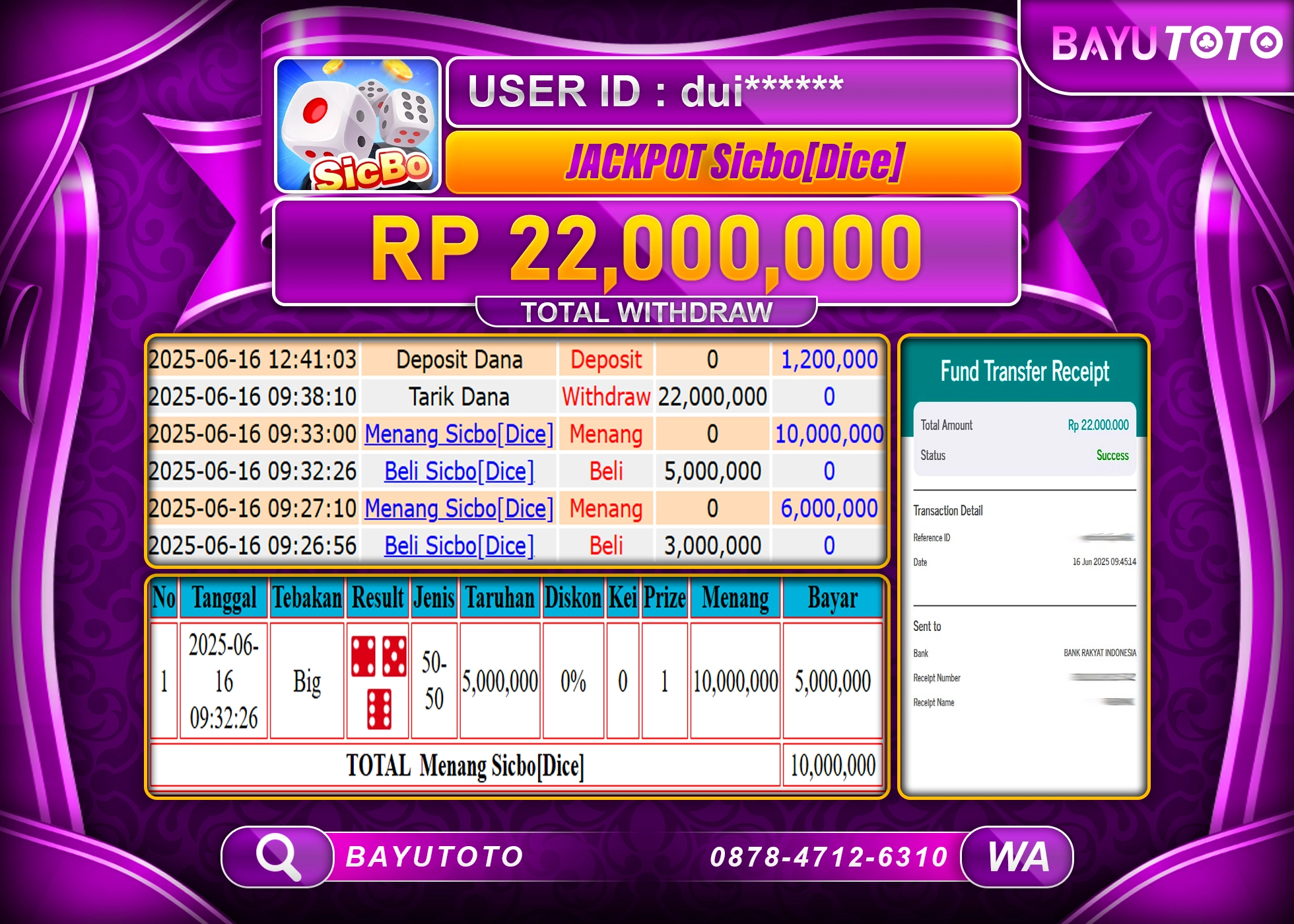BAYUTOTO JACKPOT DI LIVE GAMES Sicbo[Dice] Rp.22,000,000 LUNAS