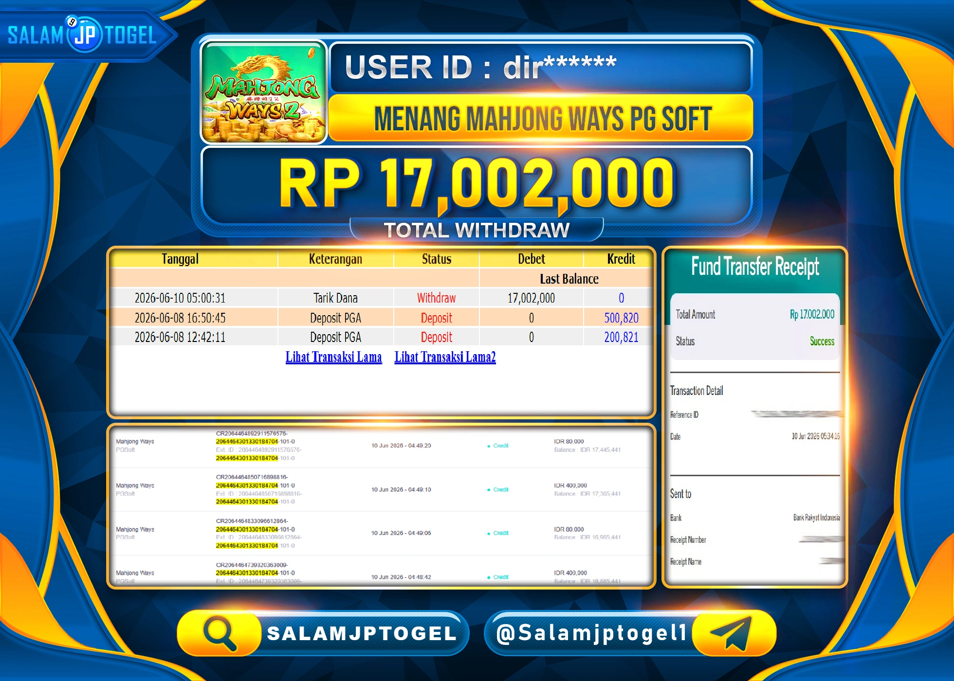 SALAMJPTOGEL JACKPOT MENANG SLOT MAHJONG WAYS PG SOFT Rp.17,002,000 - LUNAS