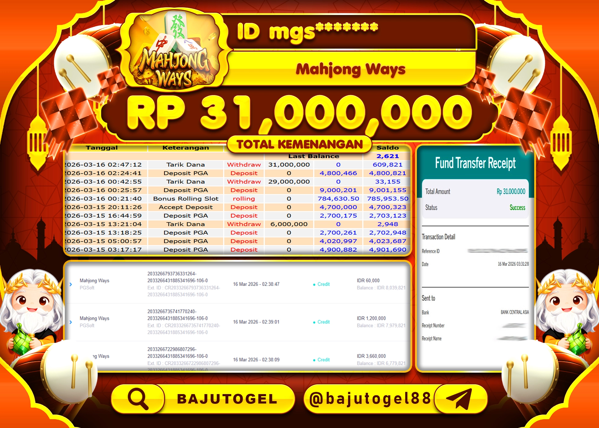 BAJUTOGEL KEMENANGAN DI MAHJONG WAYS PGSOFT Rp.31,000,000 LUNAS