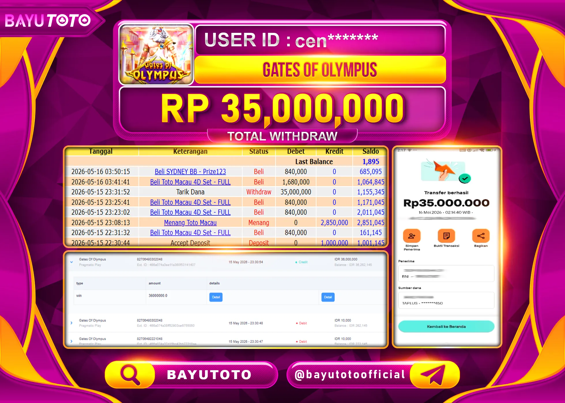SELAMAT MEMBER SETIA BAYUTOTO JACKPOT DI SLOT GATES OF OLYMPUS Rp. 35,000,000 LUNAS
