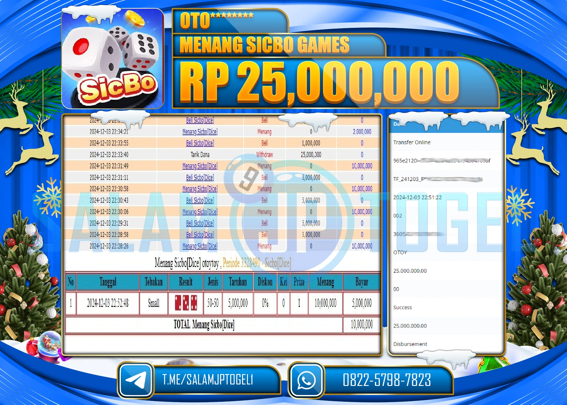 SALAMJPTOGEL MENANG LIVEGAME SICBO GAMES RP. 25,000,000 LUNAS
