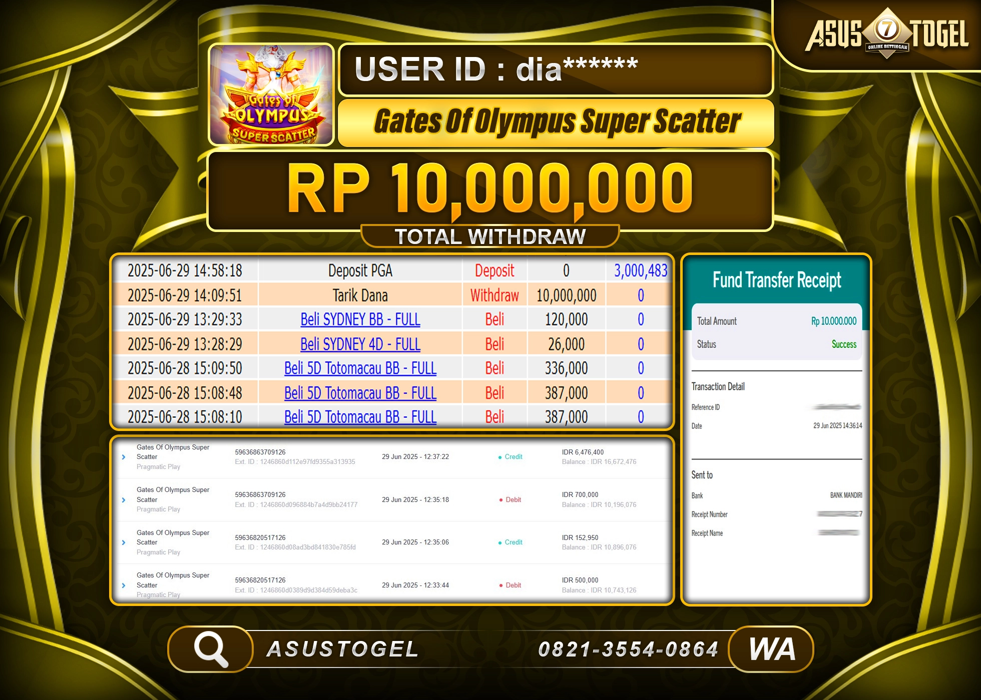 ASUSTOGEL KEMENANGAN DI SLOT GATES OF OLYMPUS SUPER SCATTER SEBESAR 10,000,000- RUPIAH LUNAS