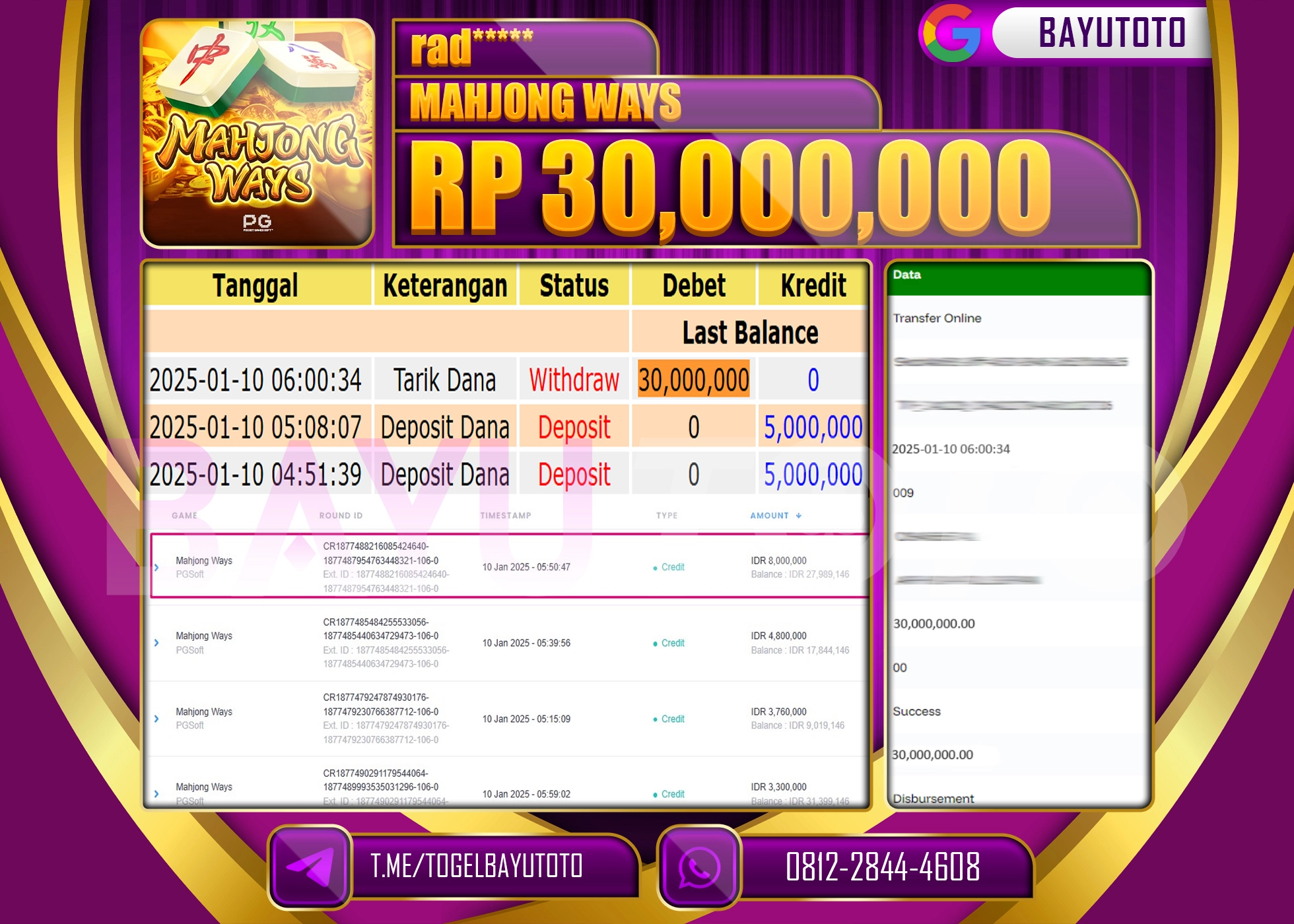 BAYUTOTO JACKPOT  DI  SLOT MAHJONG WAYS Rp.30.000.000 LUNAS