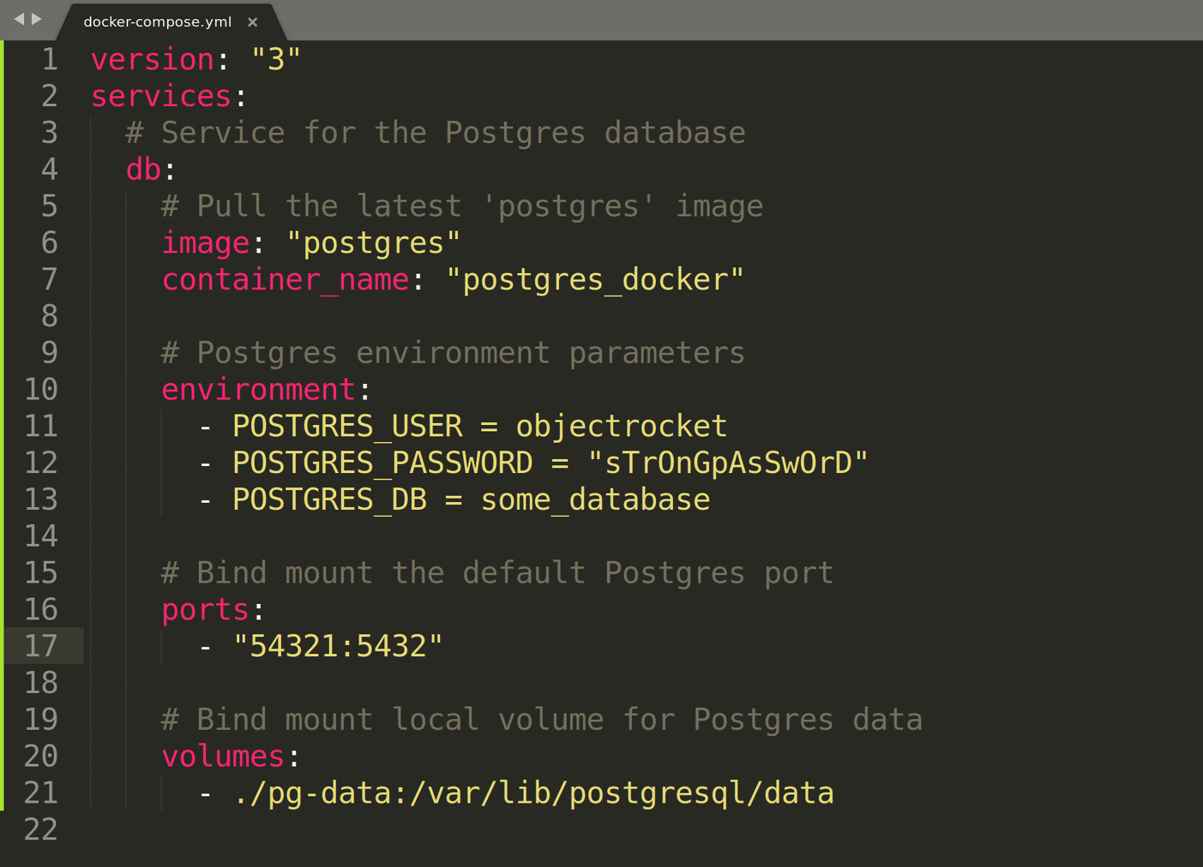 Screenshot of the docker-compose.yml file for Postgres container in Sublime