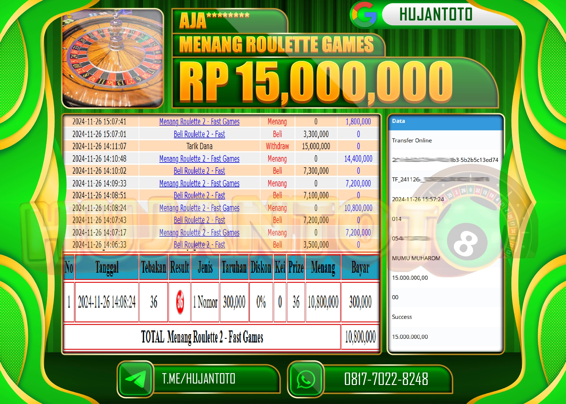 HUJANTOTO KEMENANGAN JACKPOT  BESAR DI LIVE GAME ROULETTE GAMES SEBESAR  - 15,000,000 - LUNAS