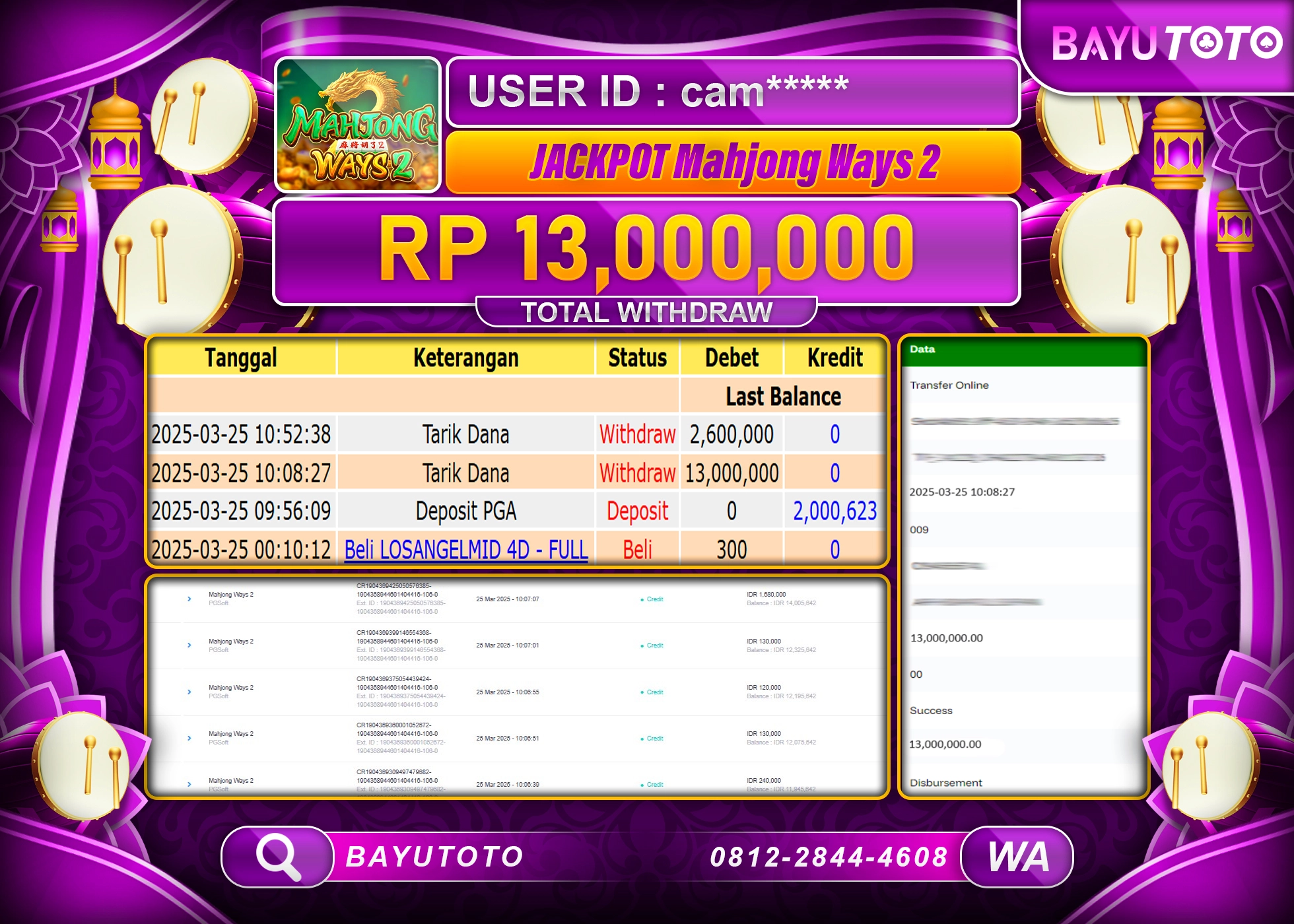 BAYUTOTO JACKPOT  DI SLOT MAHJONG WAYS  PG SOFT Rp.13.000.000 LUNAS