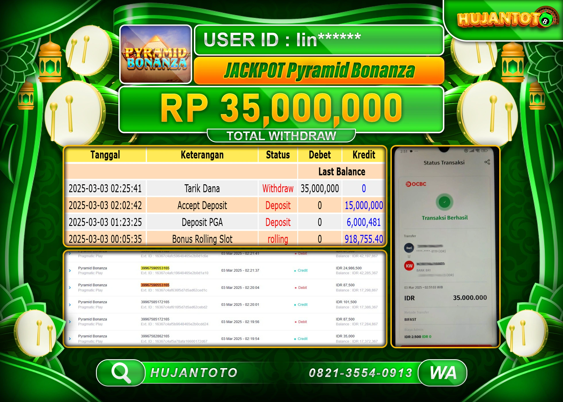 HUJANTOTO - BUKTI JACKPOT MENANG SLOT, PRYRAMID BONANZA SEBESAR, Rp,  35,000,000  -  TERBAYAR LUNAS
