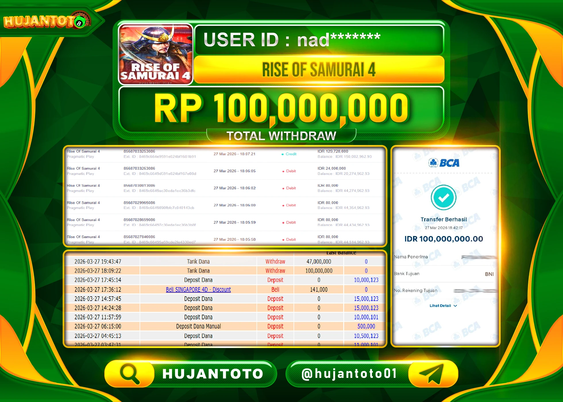 HUJANTOTO - BUKTI JACKPOT MENANG SLOT RISE OF SAMURAI 4 PRAGMATIC Rp.100,000,000 - TERBAYAR LUNAS