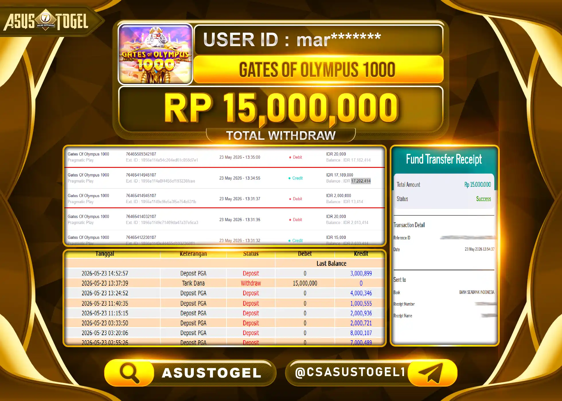 ASUSTOGEL KEMENANGAN JACKPOT DI PERMAINAN GATES OF OLYMPUS 1000 SEBESAR Rp.15,000,000 - RUPIAH LUNAS