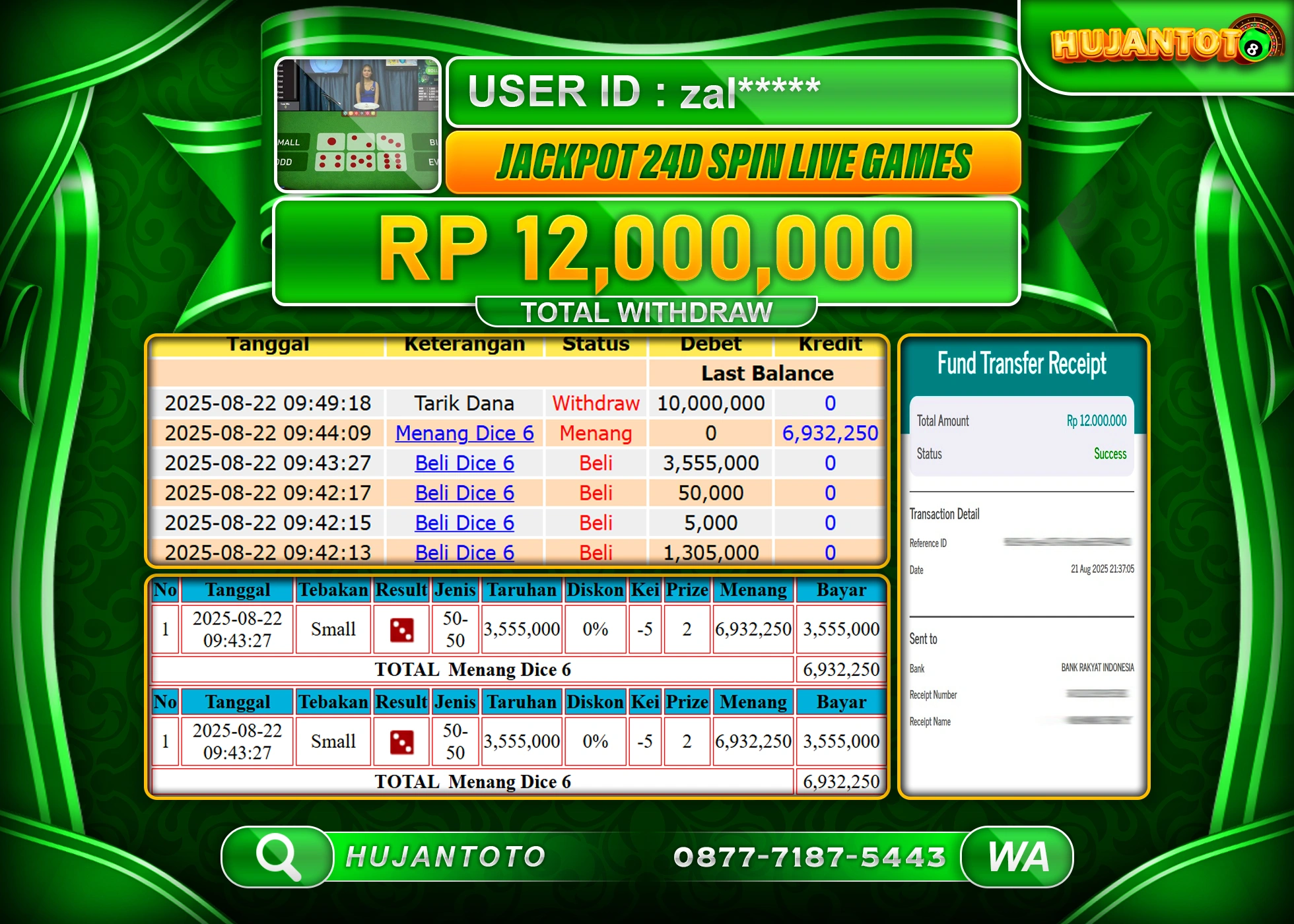 HUJANTOTO - BUKTI JACKPOT MENANG LIVEGAME 24D SPIN Rp.12,000,000 - TERBAYAR LUNAS