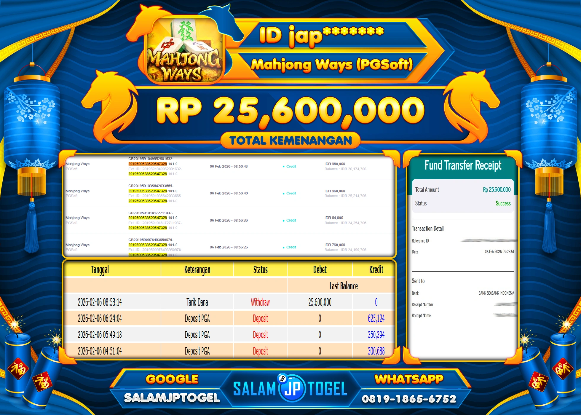SALAMJPTOGEL JACKPOT MAHJONG WAYS Rp.25,600,000 - LUNAS