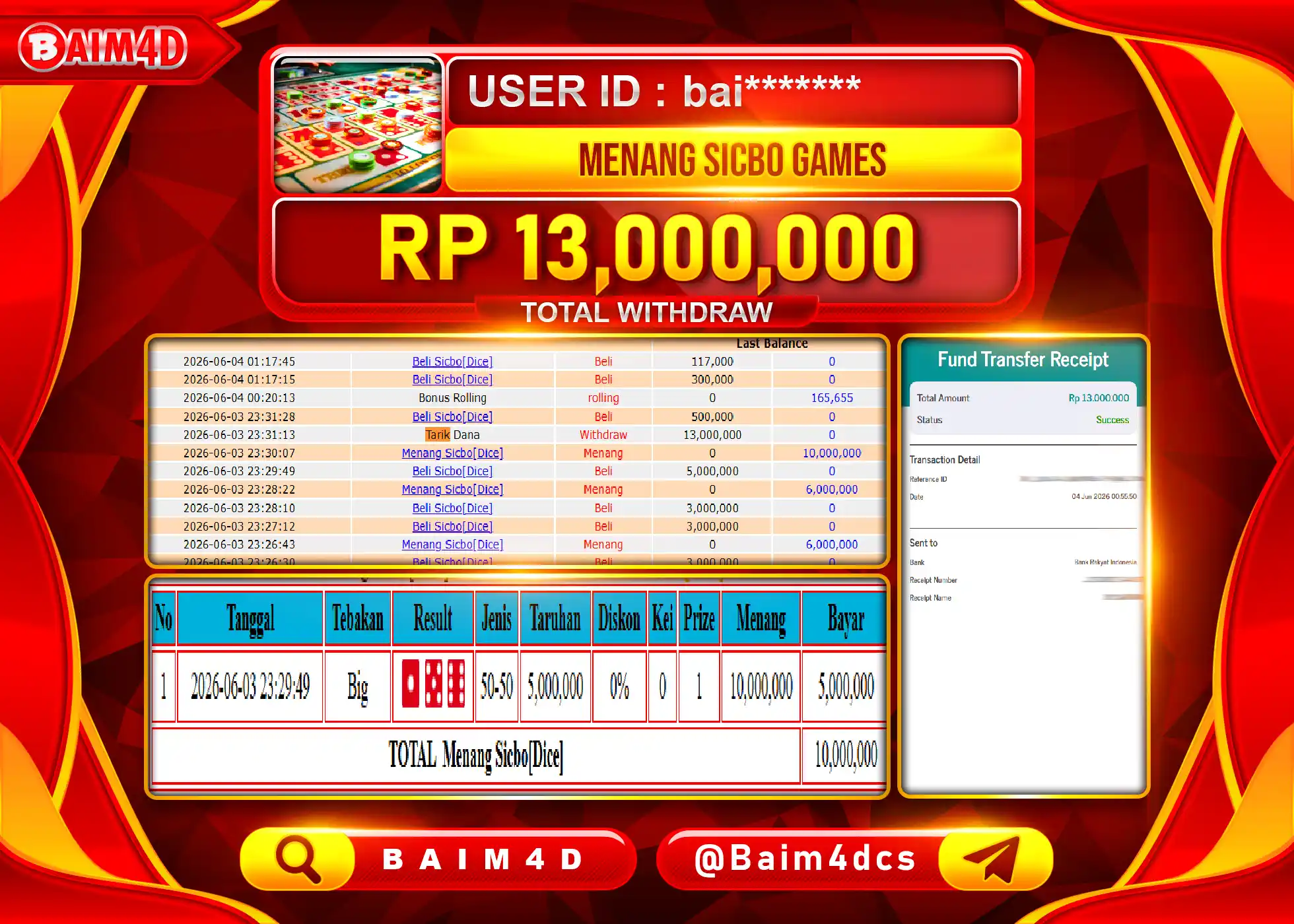 BAIM4D JACKPOT LIVE GAME SICBO {DICE} Rp.13,000,000 - LUNAS