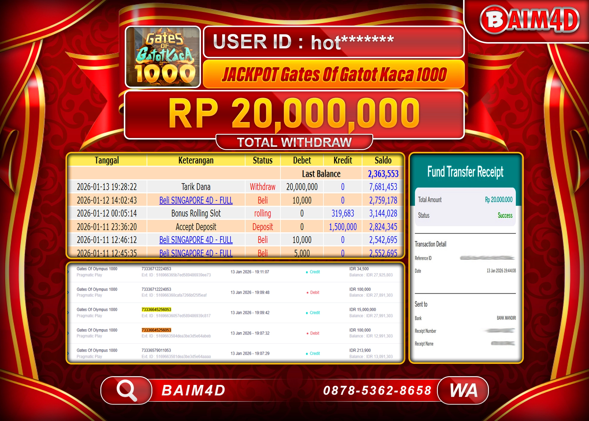 BAIM4D JACKPOT GATES OF GATOT KACA 1000  Rp.20,000,000 - LUNAS