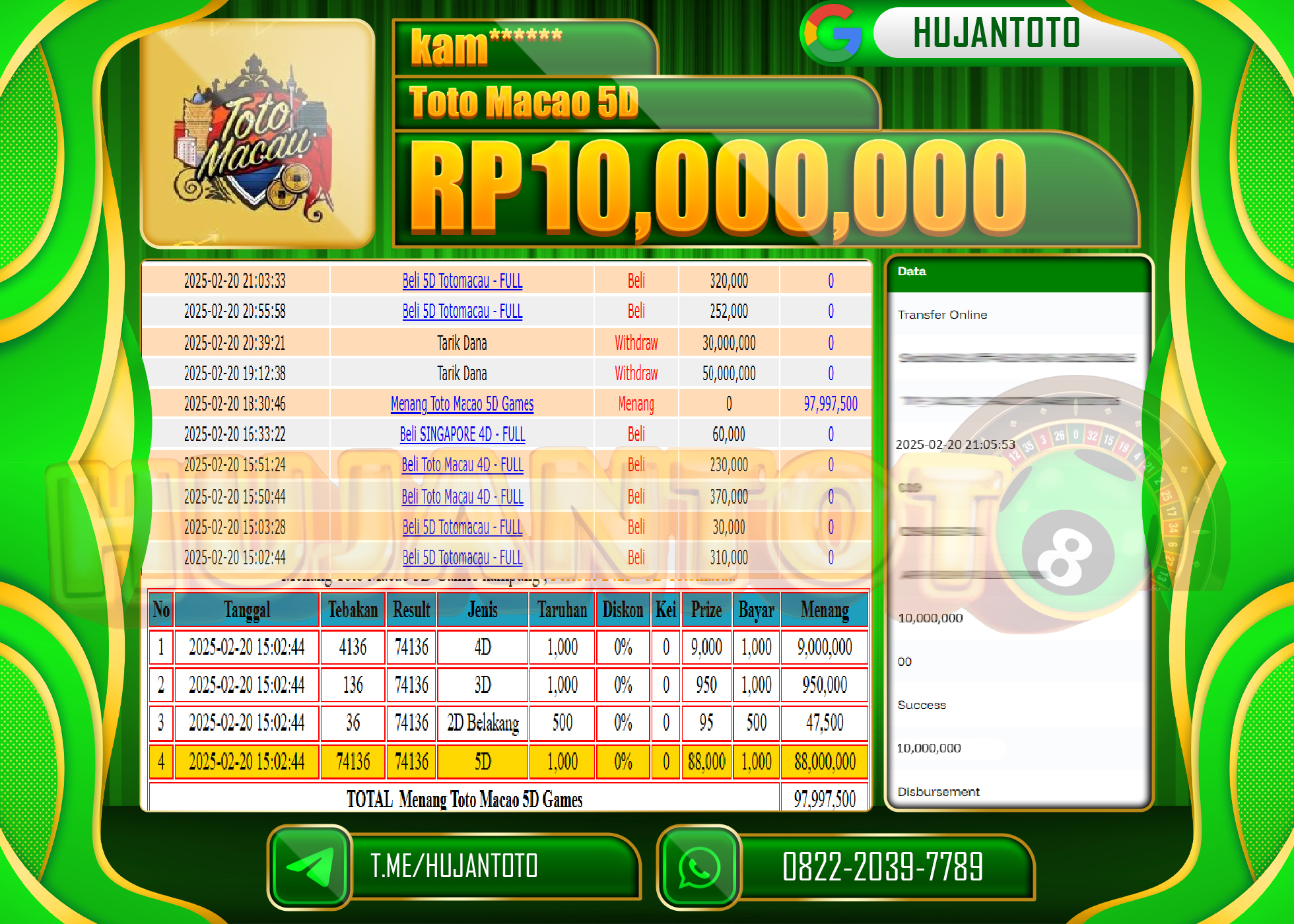HUJANTOTO - BUKTI JACKPOT MENANG TOGEL TOTO MACAU 5D Rp,10,000,000 - TERBAYAR LUNAS