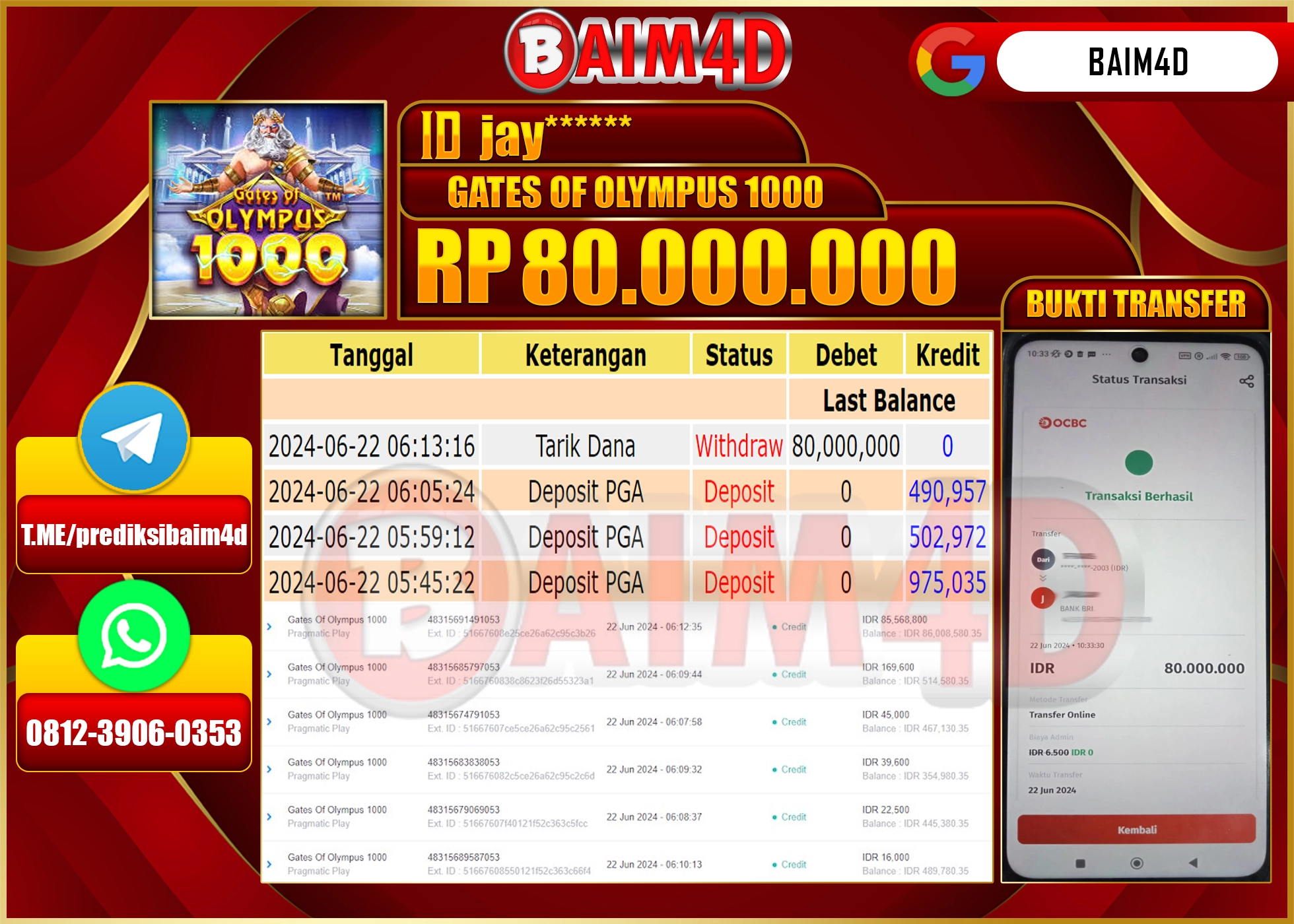 BAIM4D JACKPOT GATES OF OLYMPUS 1000 Rp.80,000,000.- LUNAS