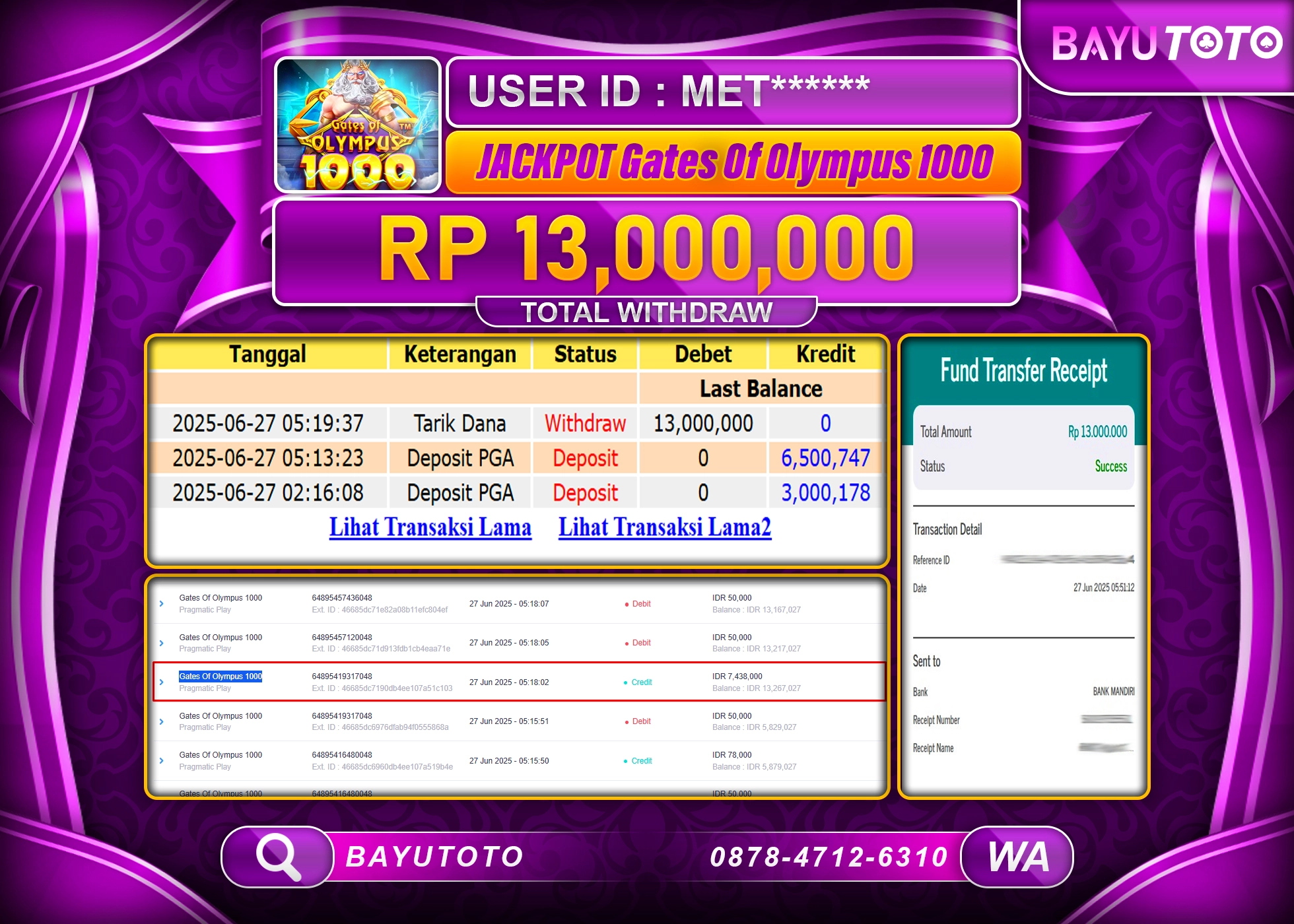 BAYUTOTO JACKPOT DI SLOT Gates Of Olympus 1000 Rp.13,000,000 LUNAS