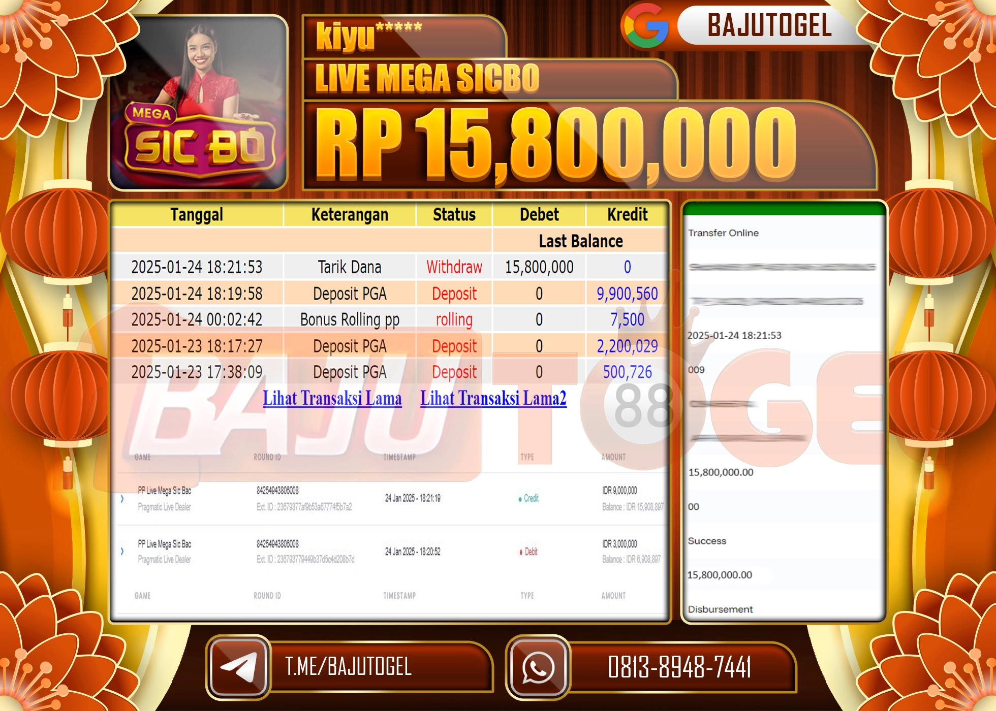 BAJUTOGEL KEMENANGAN LIVE MEGA SICBO Rp.15.800.000 LUNAS
