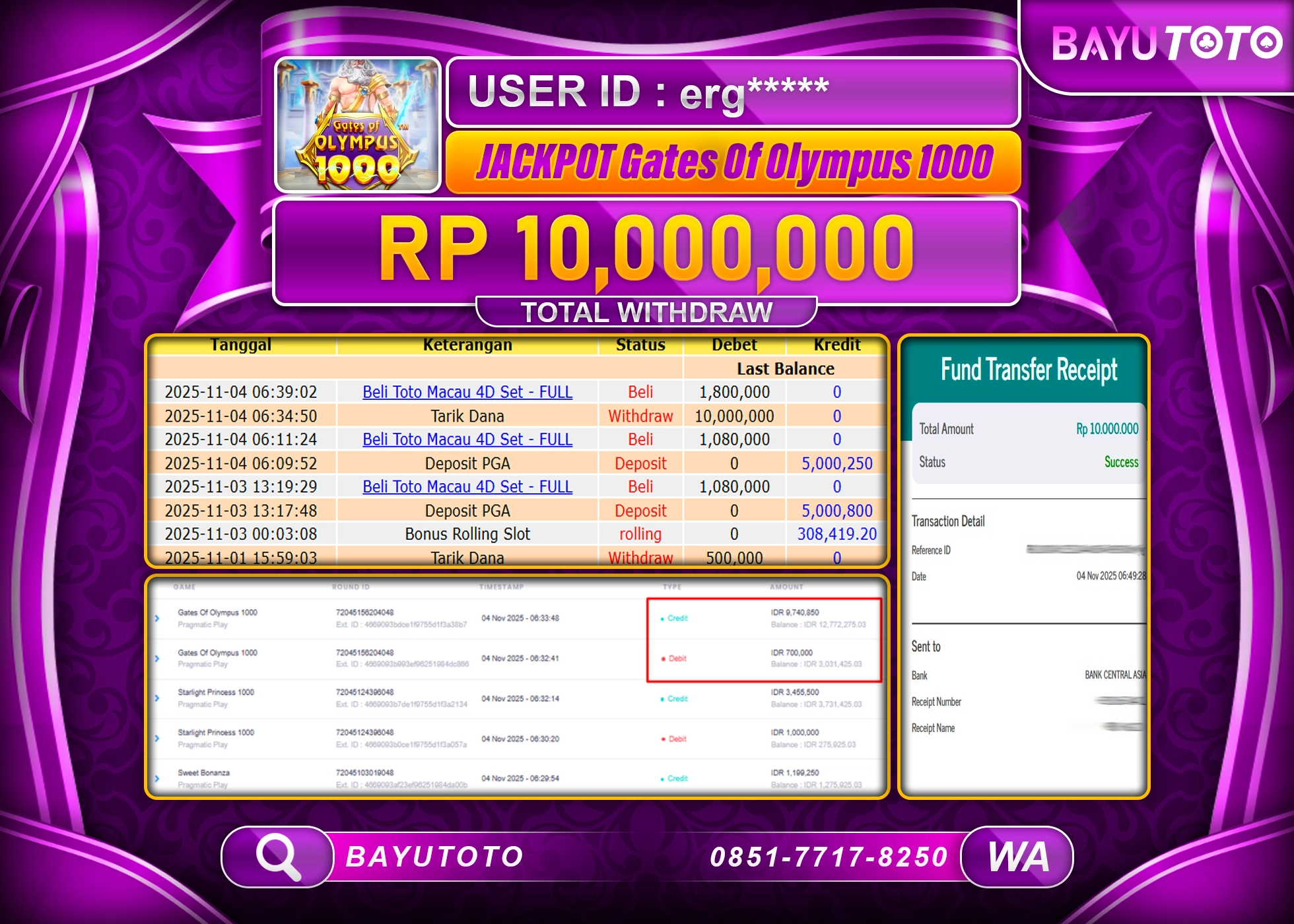 MEMBER BAYUTOTO JACKPOT DI SLOT GATE OF OLYMPUS 1000 Rp. 10,000,000 LUNAS