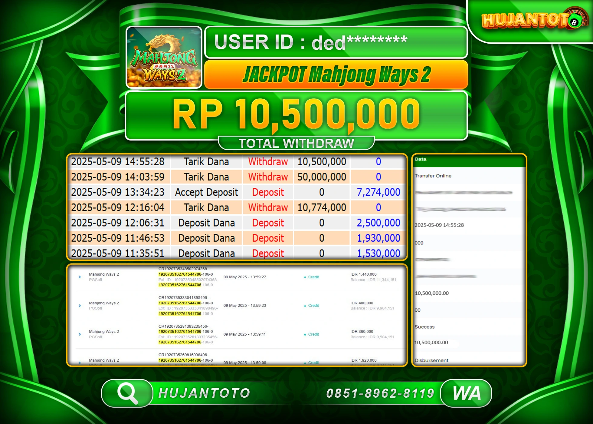 HUJANTOTO - BUKTI JACKPOT MENANG SLOT MAHJONG WAYS 2 Rp,10,500,000  - TERBAYAR LUNAS