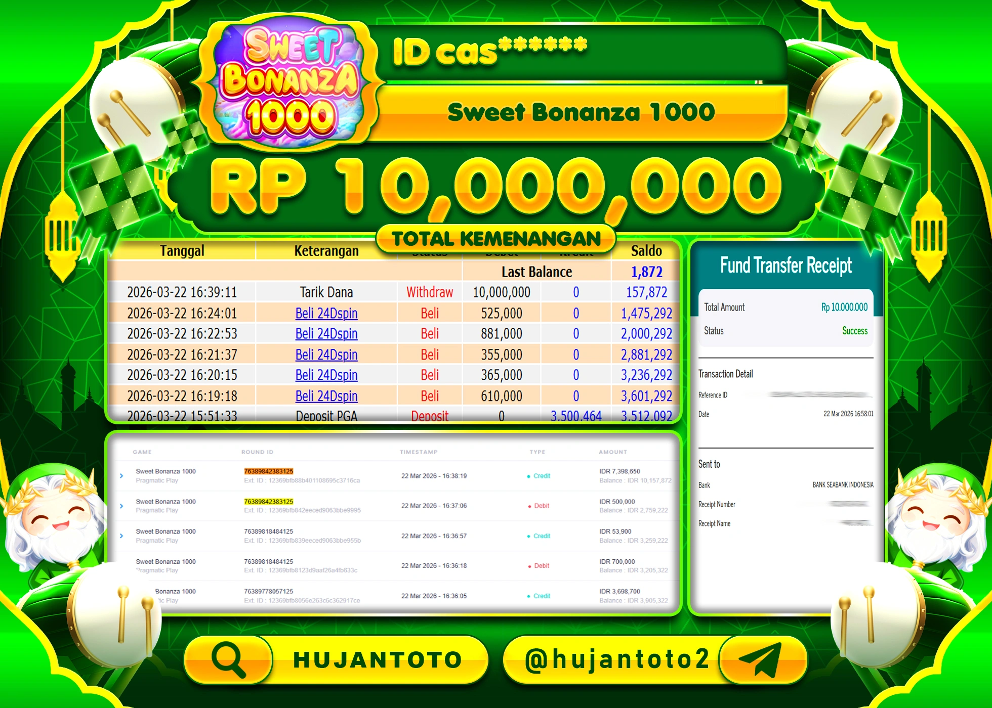 HUJANTOTO - BUKTI JACKPOT MENANG SLOT SWEET BONANZA 1000 Rp.10,000,000 - TERBAYAR LUNAS
