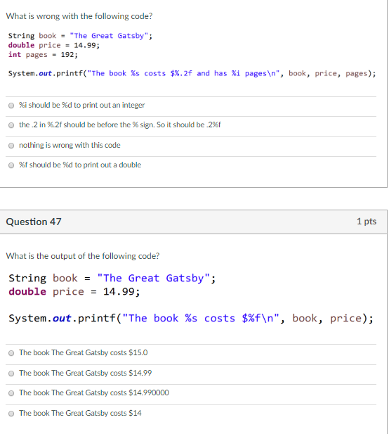 What is wrong with the following code? string book The Great Gatsby; double price-14.99; int pages 192; $%.2f pages); Syste