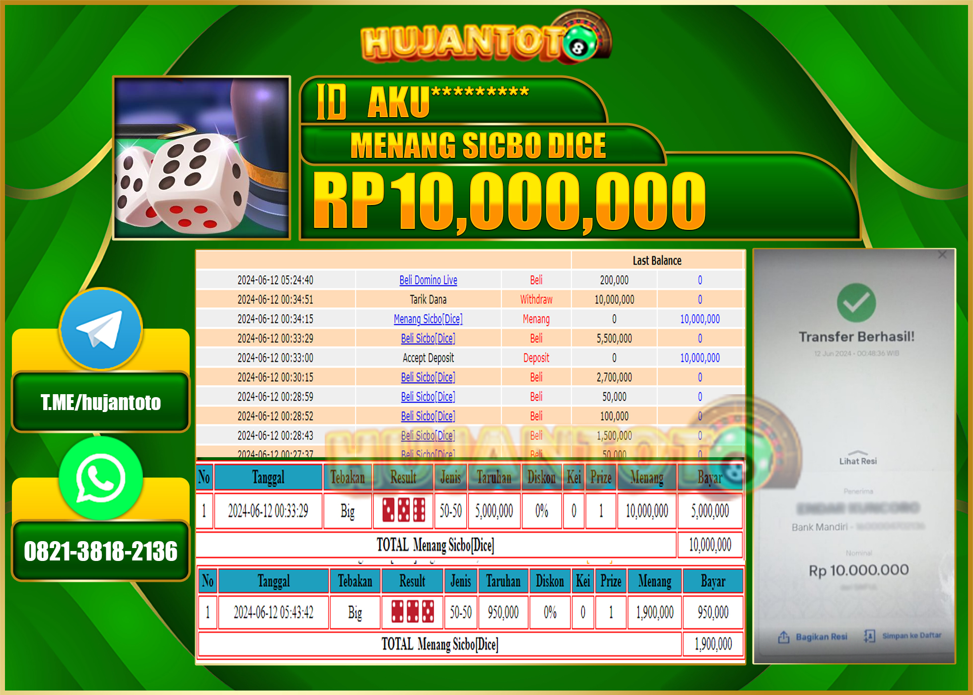 HUJANTOTO MENANG DI SLOT SICBO DICE  10.000.000 - LUNAS 